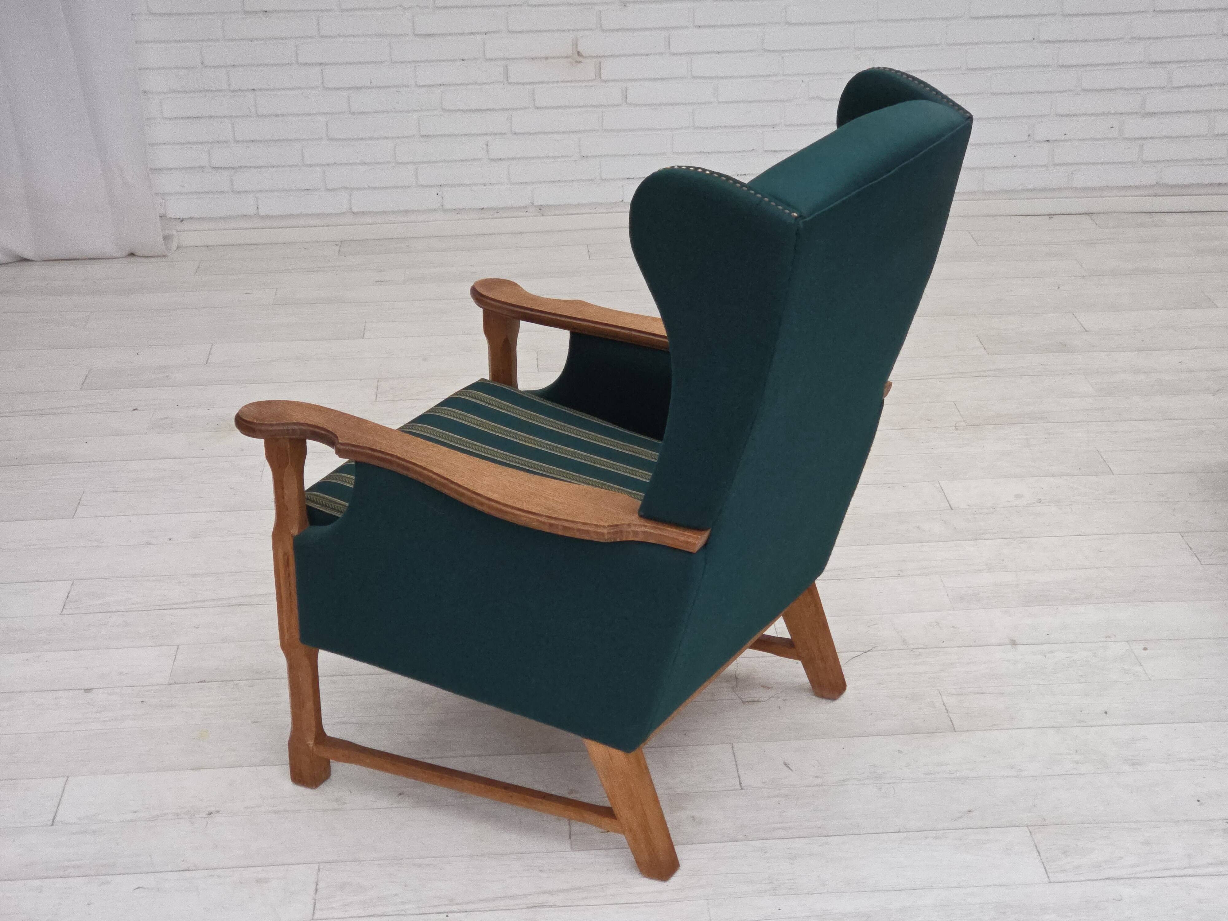 1970s, Danish high back armchair, furniture wool, solid oak wood.