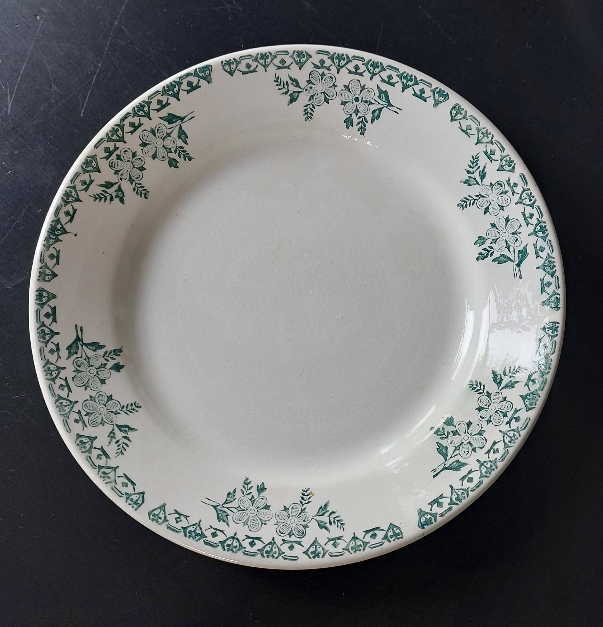 9 Assiettes plates dépareillées Terre de fer tons verts bleus