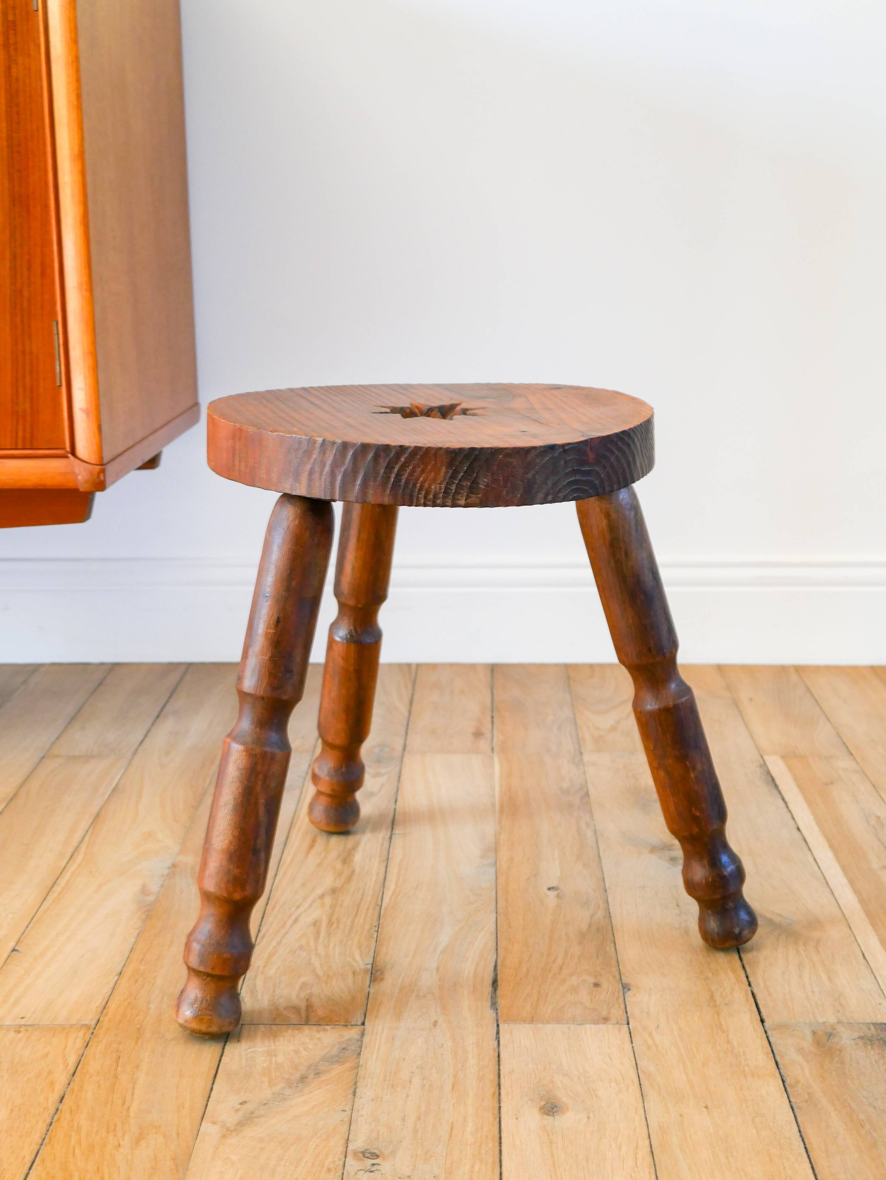 Wooden tripod stool with star, Brutalist, Popular Style, 1950