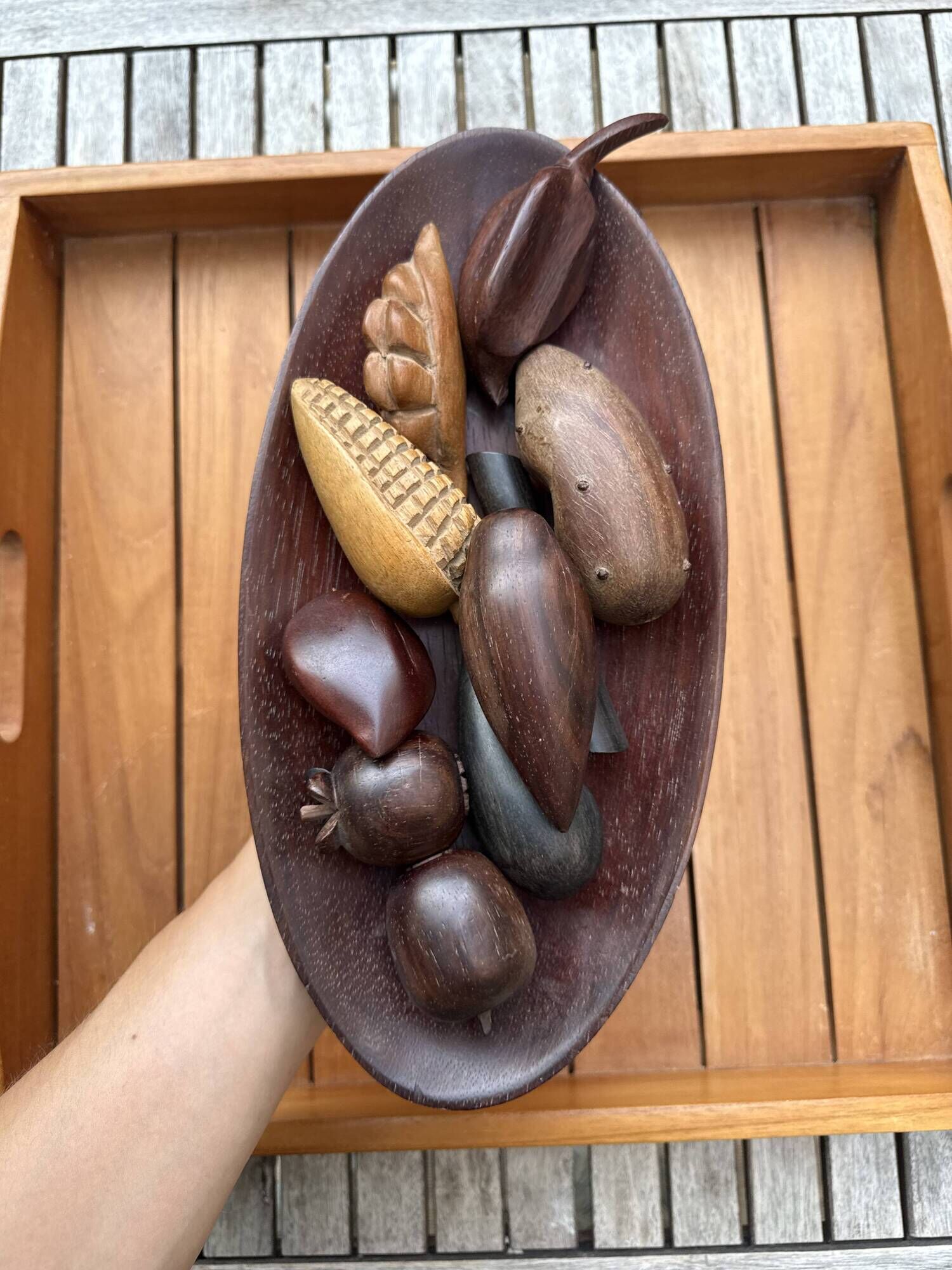 Large vintage carved wooden bowl with decorative fruits – 1970s