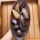 Large vintage carved wooden bowl with decorative fruits – 1970s