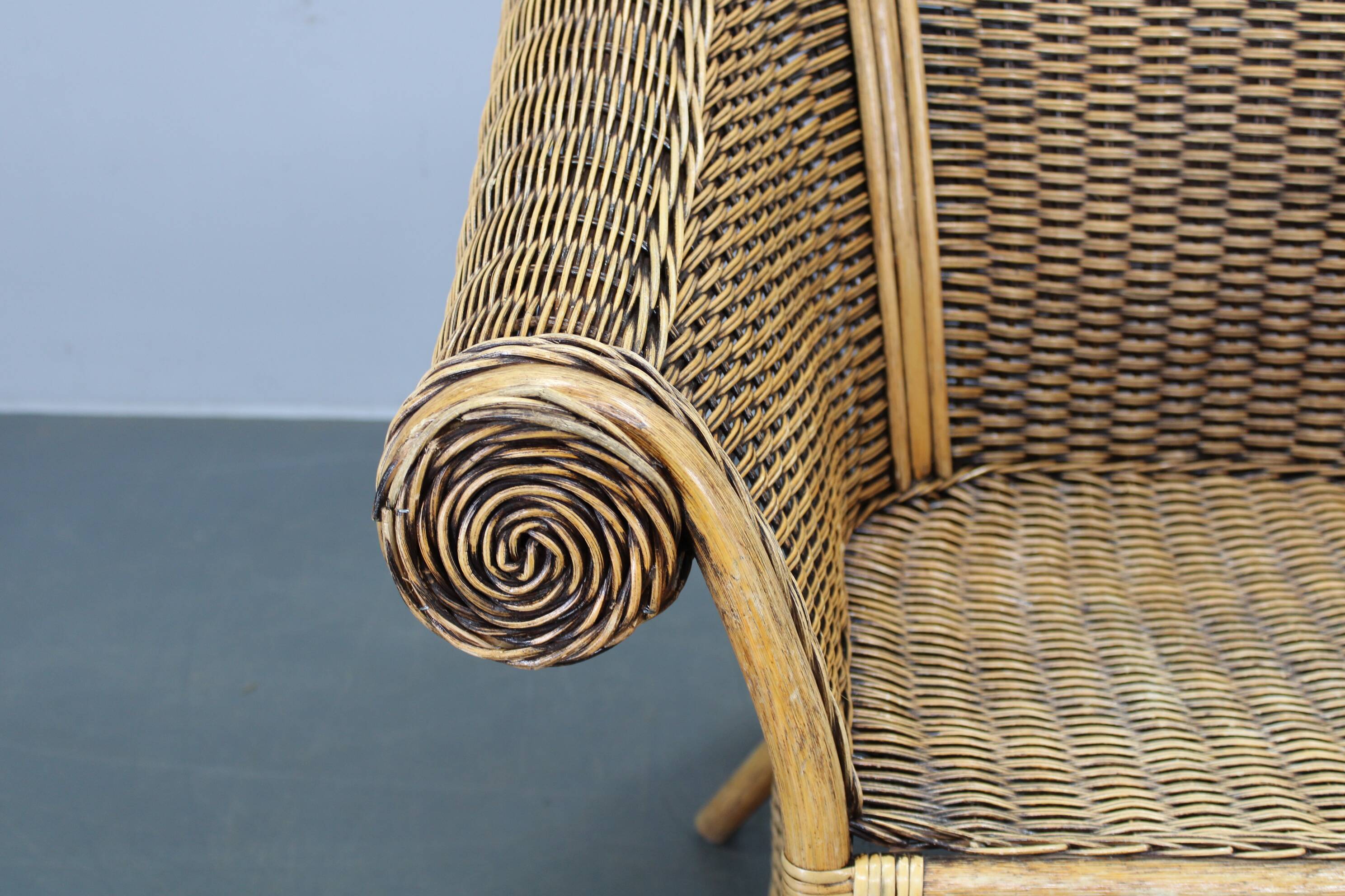 Vintage organic rattan armchair and round coffee table set, 1980s-1990s
