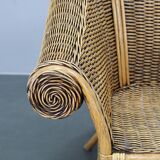 Vintage organic rattan armchair and round coffee table set, 1980s-1990s