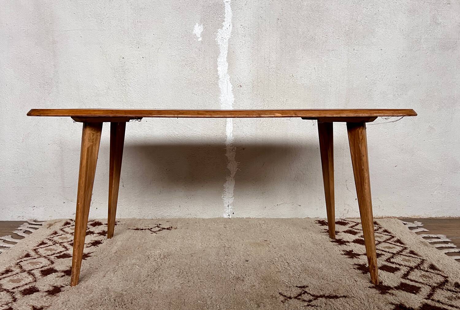 Oak coffee table, foot, compass. rockets. free form vintage old