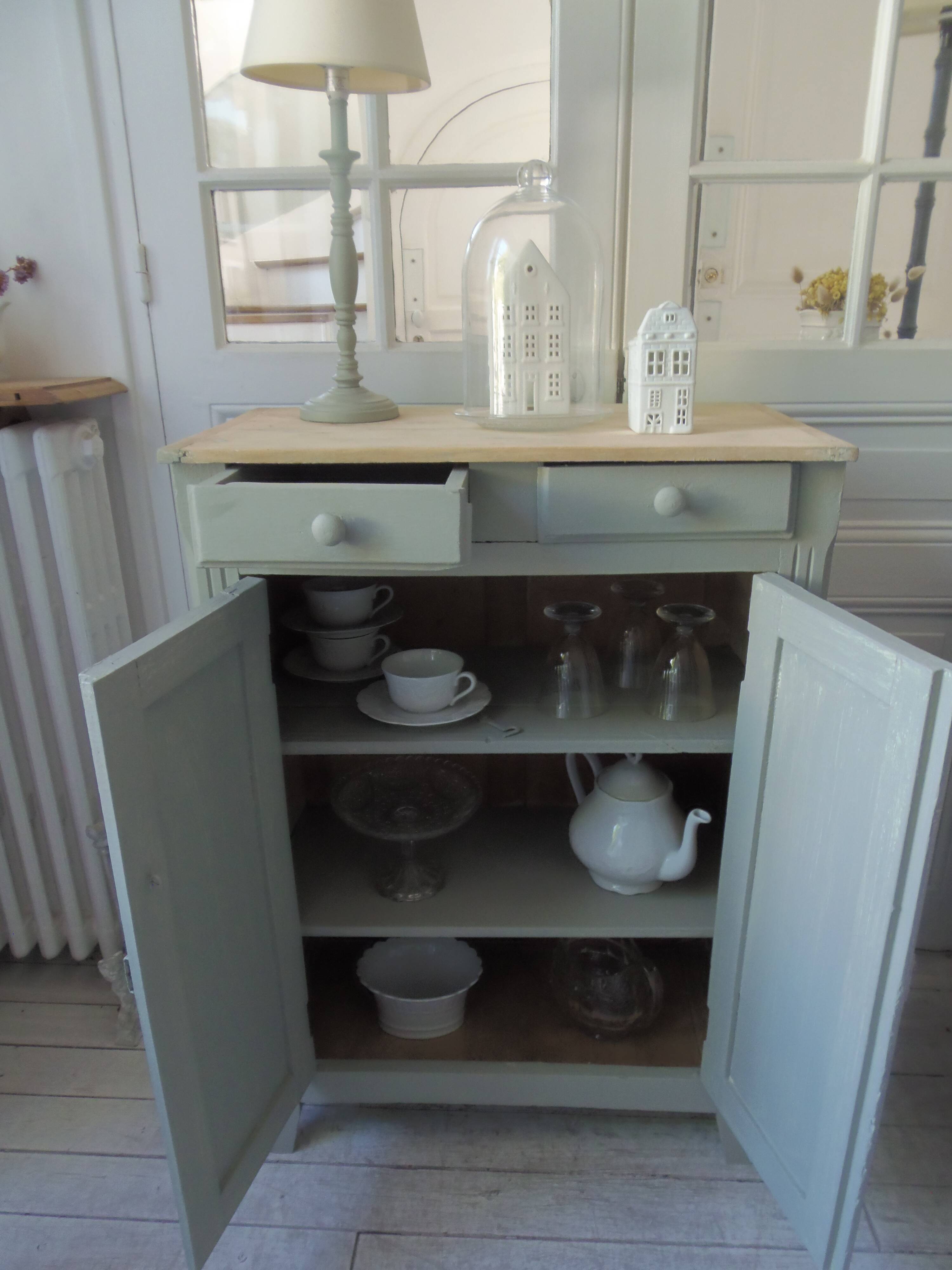 Small vintage Parisian sideboard with 2 doors and 2 drawers, enhanced in verdigris