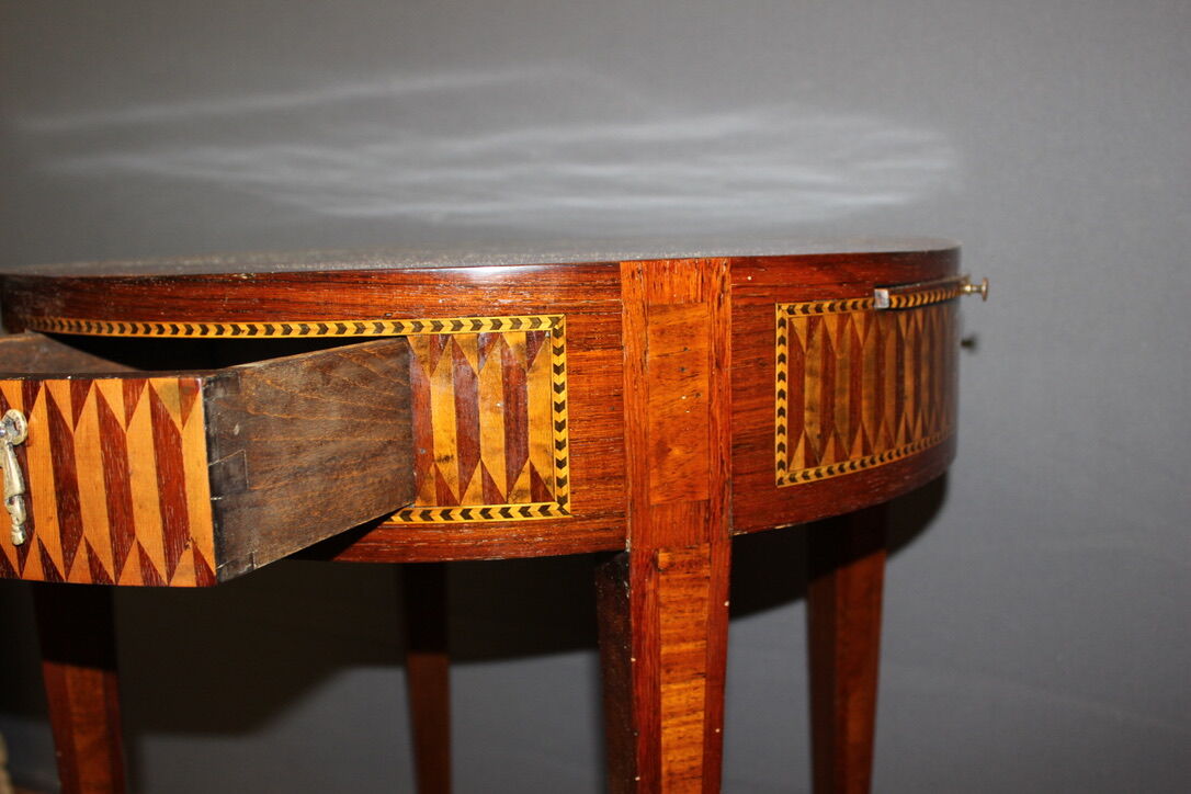 Louis xvi style hot water bottle table in marquetry around 1900