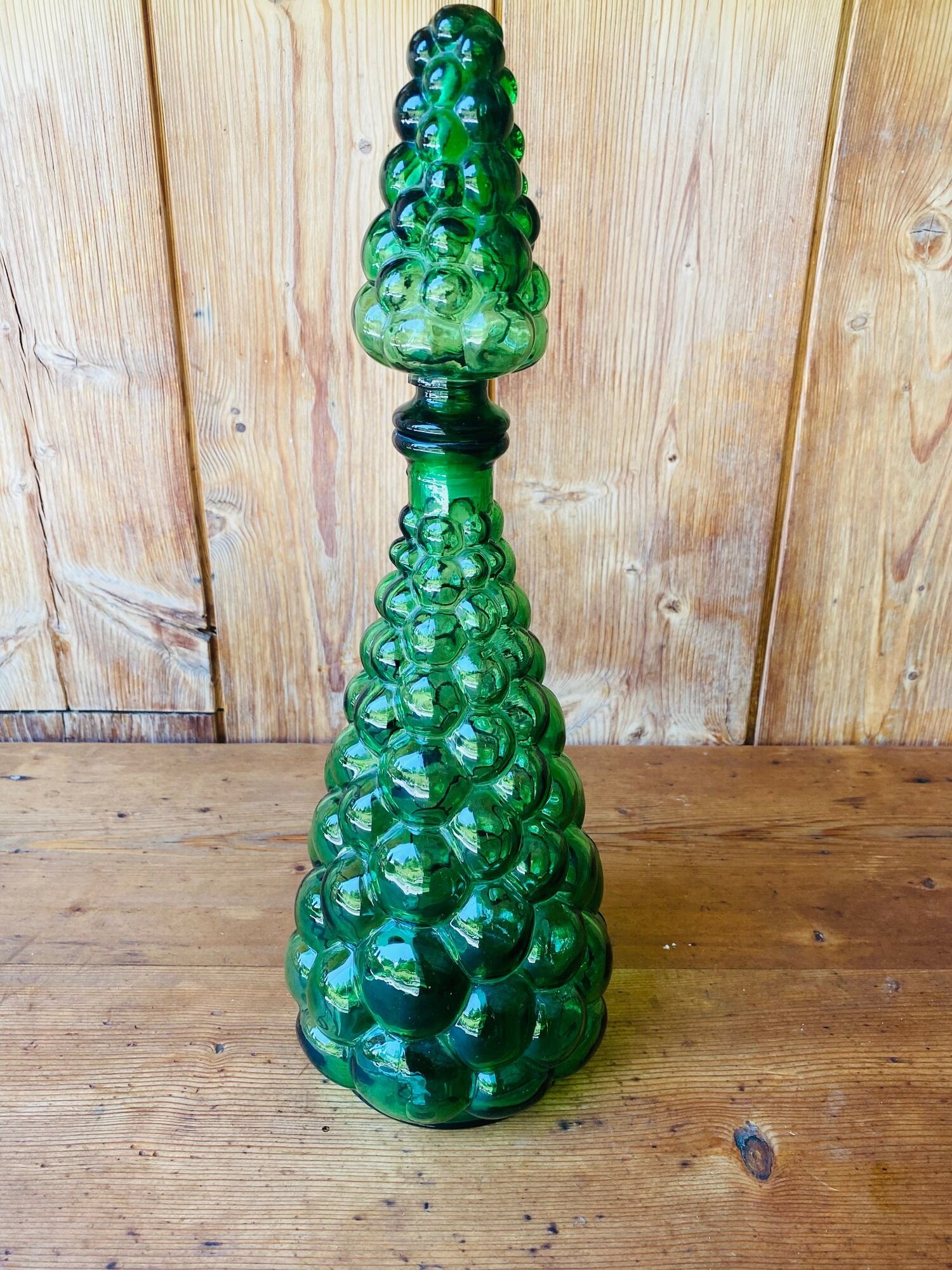 Italian decanter made of green empoli glass grape-shaped bubbles - vintage
