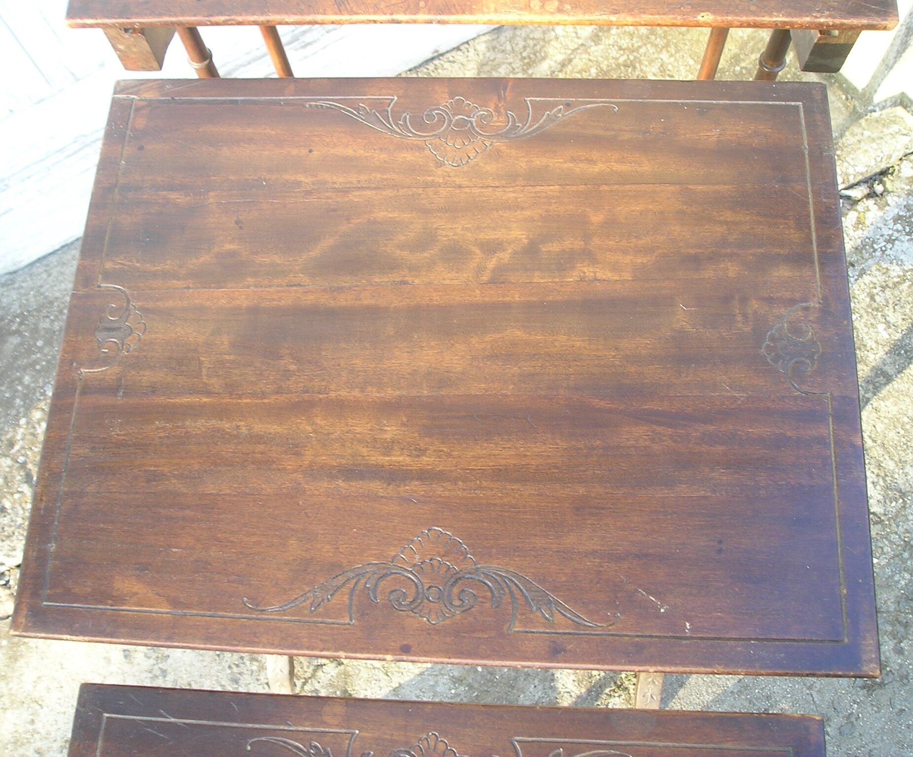 Set of 4 old tables with carved trays