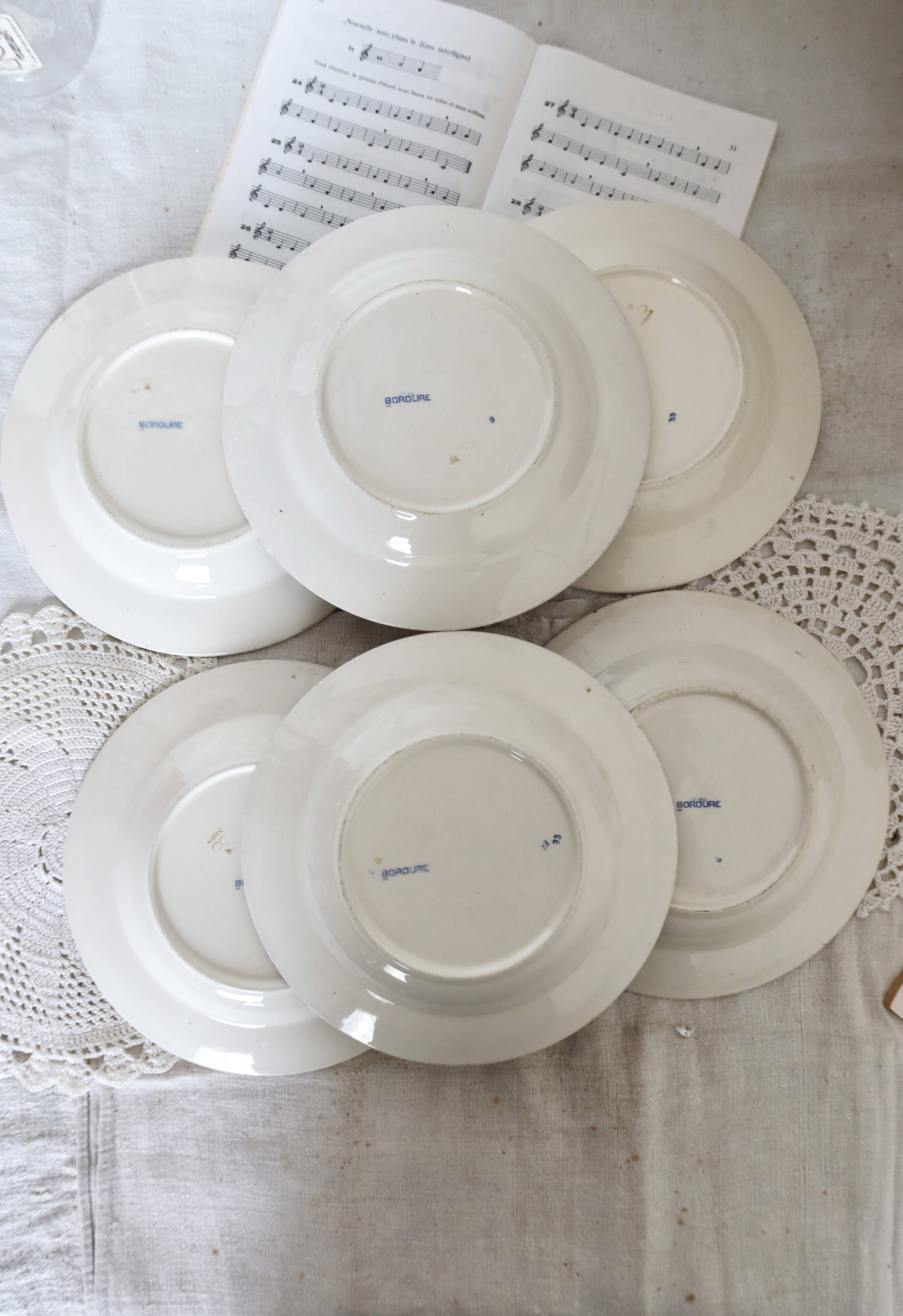 6 vintage Belgian earthenware soup plates with blue marli pattern