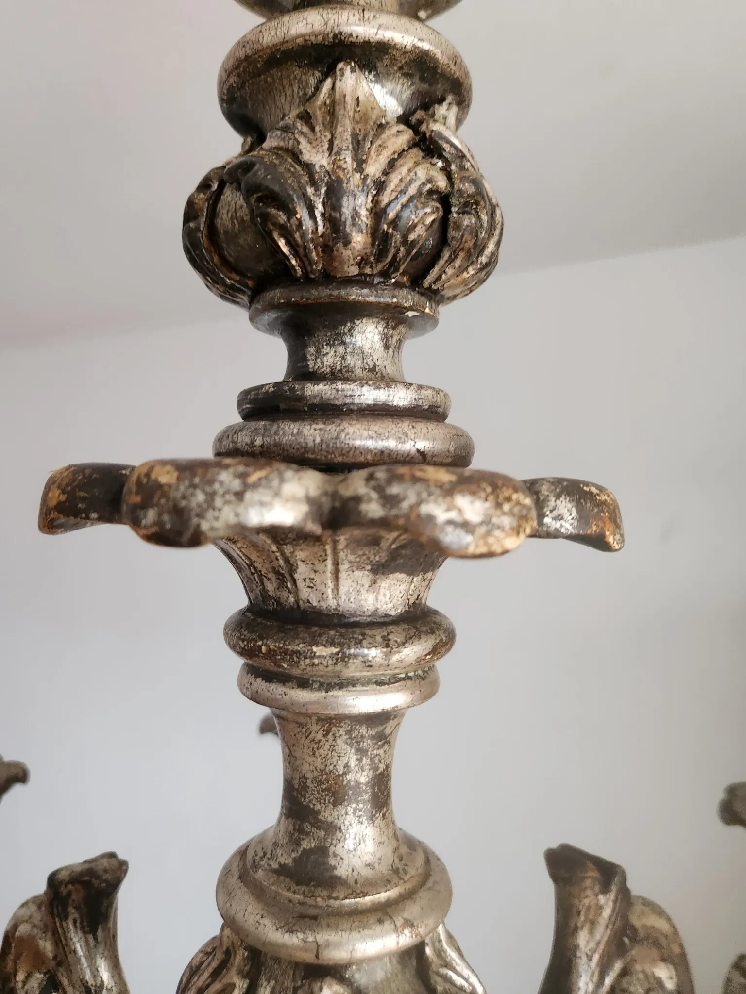 Xl Large Vintage Regency Mid Century Louis XV Baroque Rococo Hand Painted Carved Wood 8 Light Chandelier Floral, Italy, Florence 1920 1950