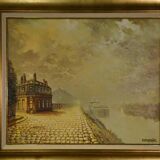 Oil on canvas expressionist figurative painting "Along the Canal" by Jean-Pierre Couprie 1980