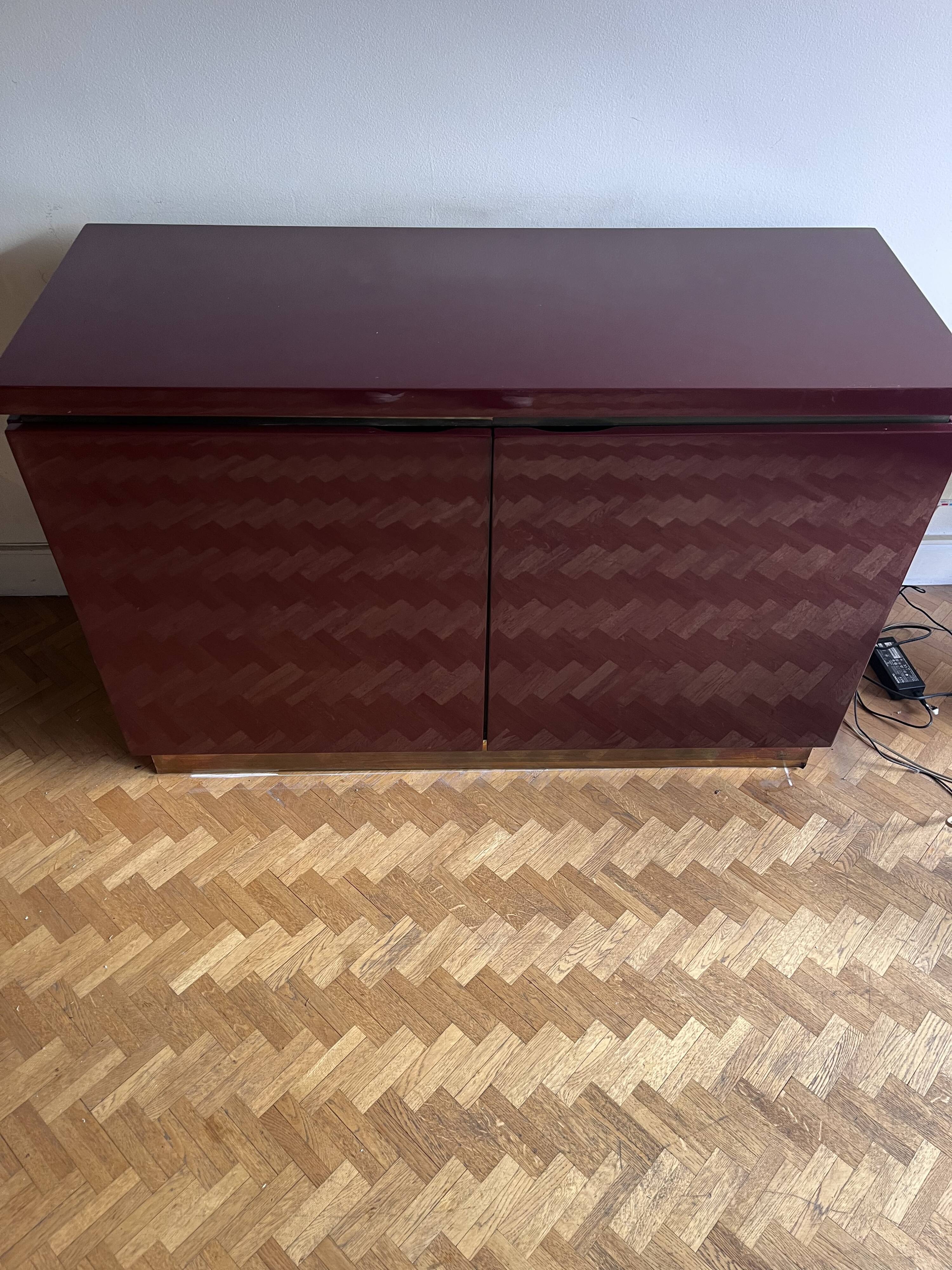 Small 2-door sideboard Jean Claude Mahey lacquered Bordeaux signed design 1970 vintage