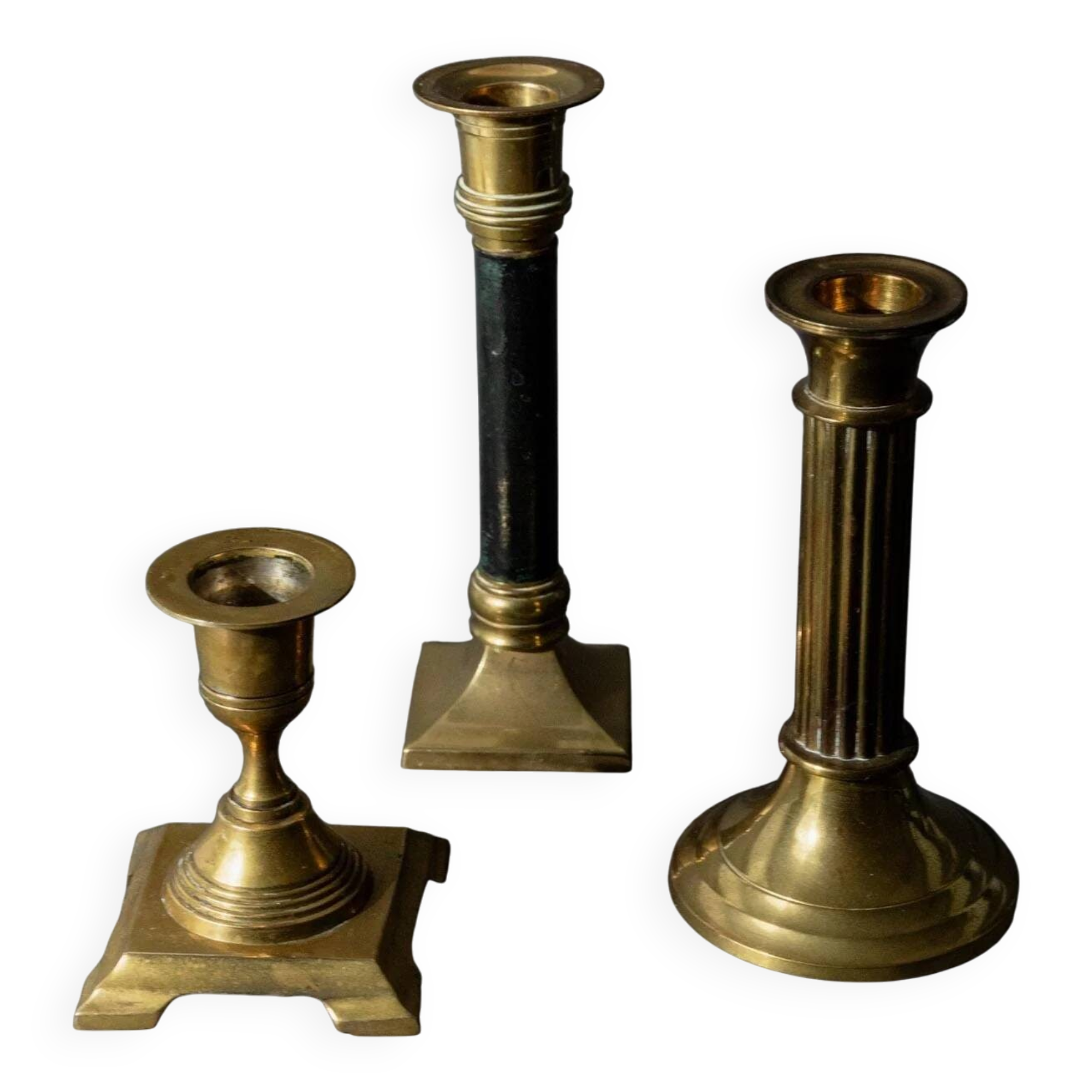 Lot of 3 vintage brass candlesticks from the 1940s, various shapes, classic antique design, retro table decoration, elegant gift idea.