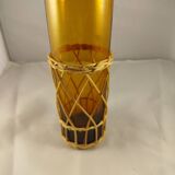 Carafe and 5 glasses set, amber glass and woven wicker, bohemian chic