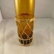 Carafe and 5 glasses set, amber glass and woven wicker, bohemian chic