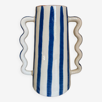 Blue and white striped ceramic vase with handmade abstract wavy handles