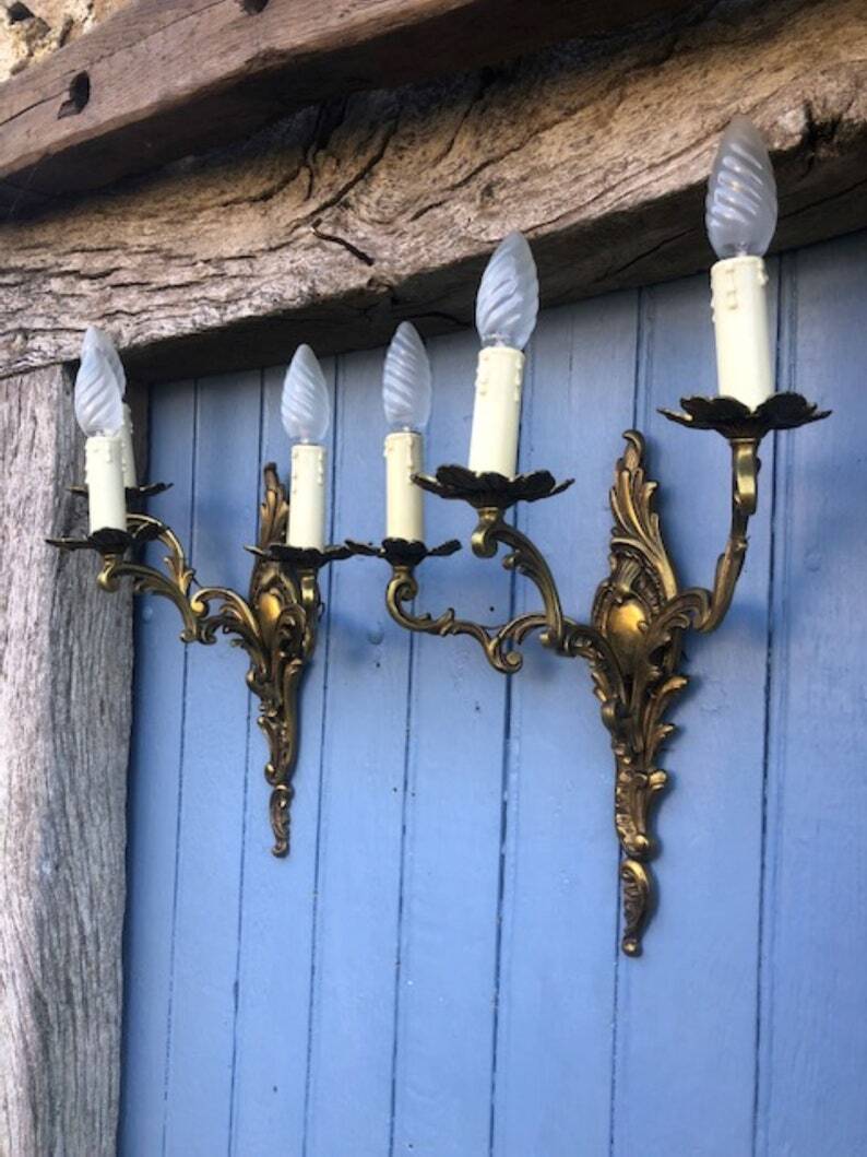 Pair of French Vintage Rococo Gilt Bronze Wall Sconces: Ornate 3-Arm Lamps