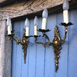 Pair of French Vintage Rococo Gilt Bronze Wall Sconces: Ornate 3-Arm Lamps