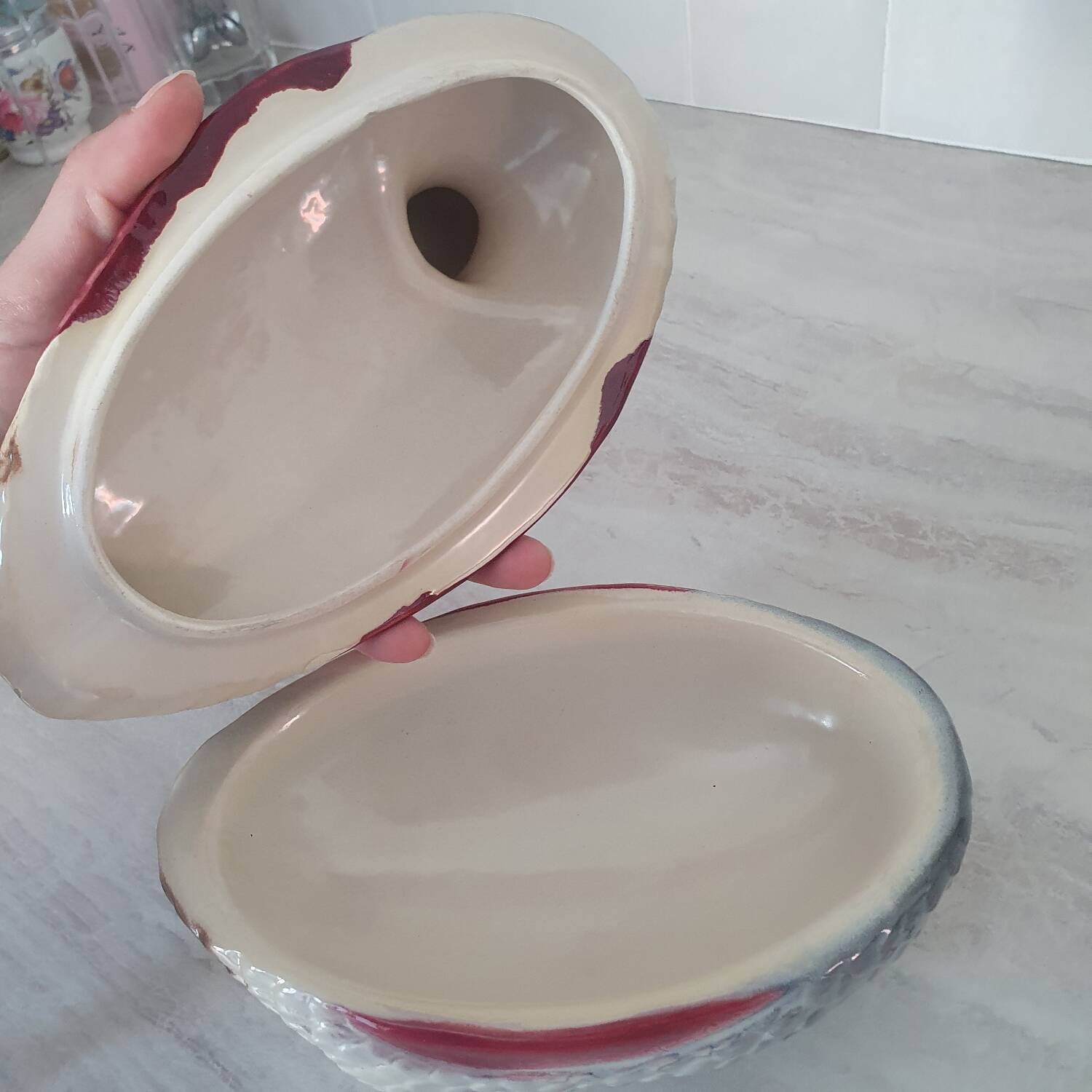 Duck-shaped slipware in the style of Michel Caugant.