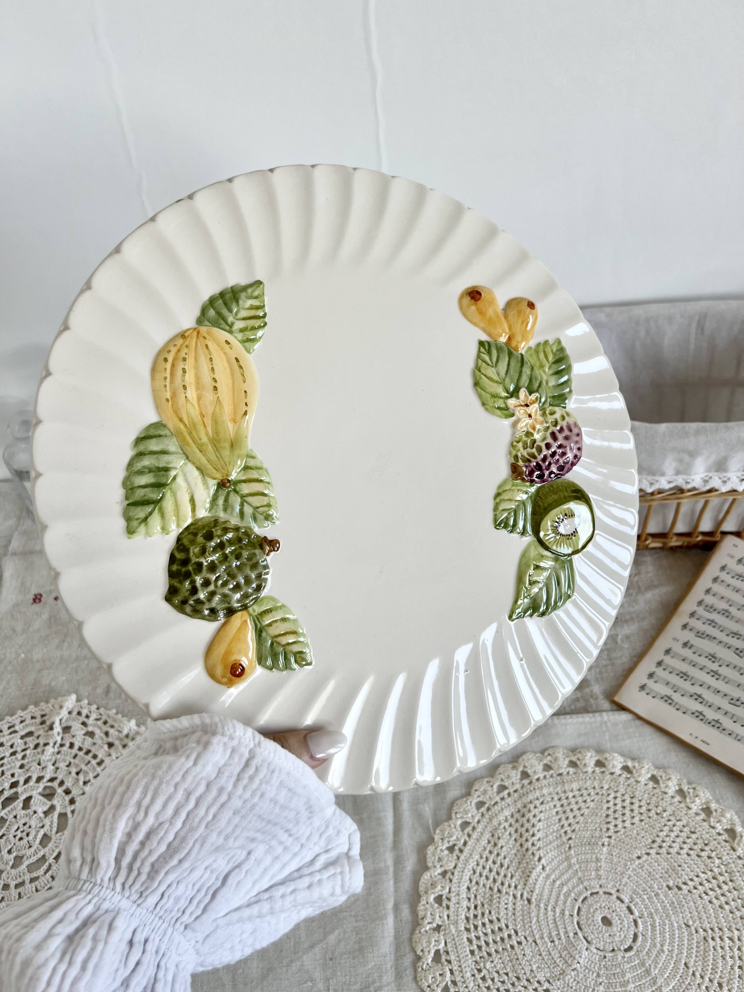 Vintage fruit pattern slip cake presentation dish
