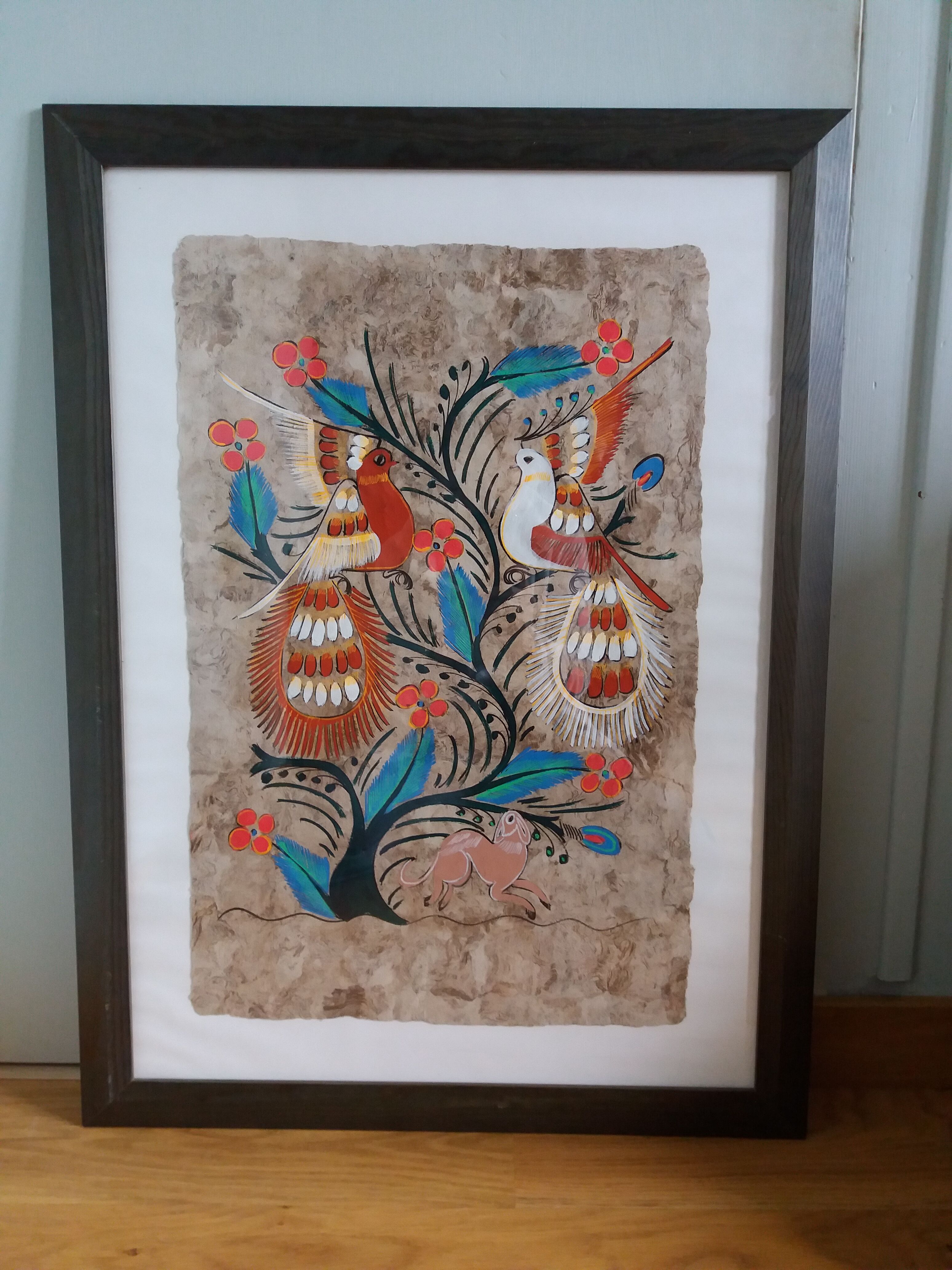 Painting on amate from Mexico, birds and flowers, framed
