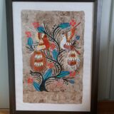 Painting on amate from Mexico, birds and flowers, framed