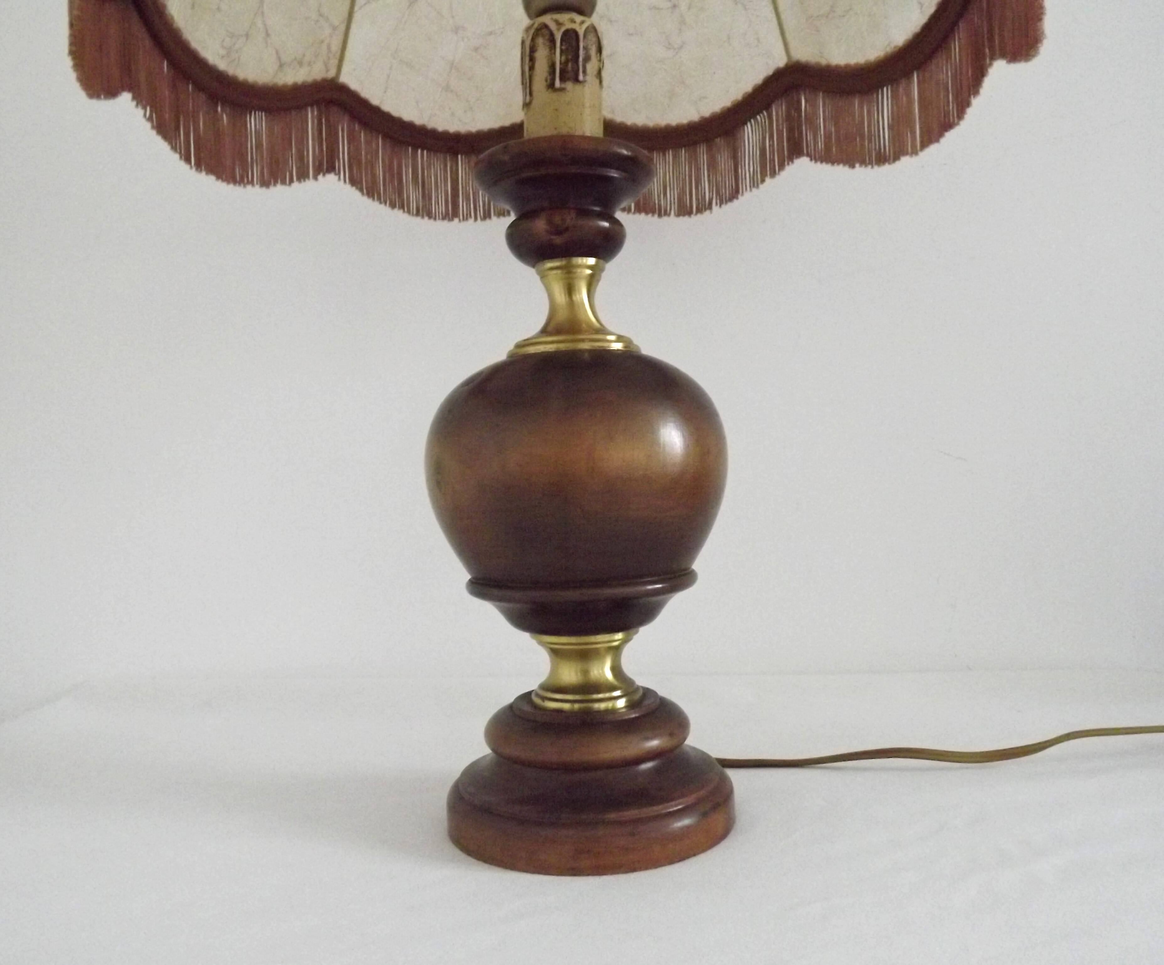 Vintage French Country Style Lamp Turned Wood Base & Hide Skin Shade