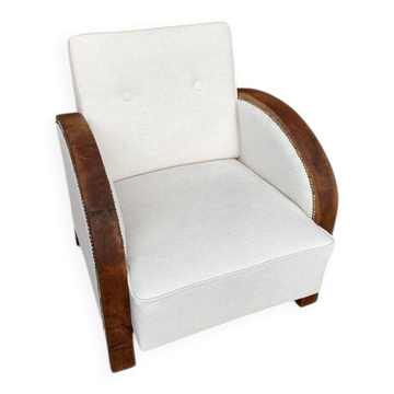 1920s Art Deco armchair in beige velvet and black wood — restored vintage chaise longue