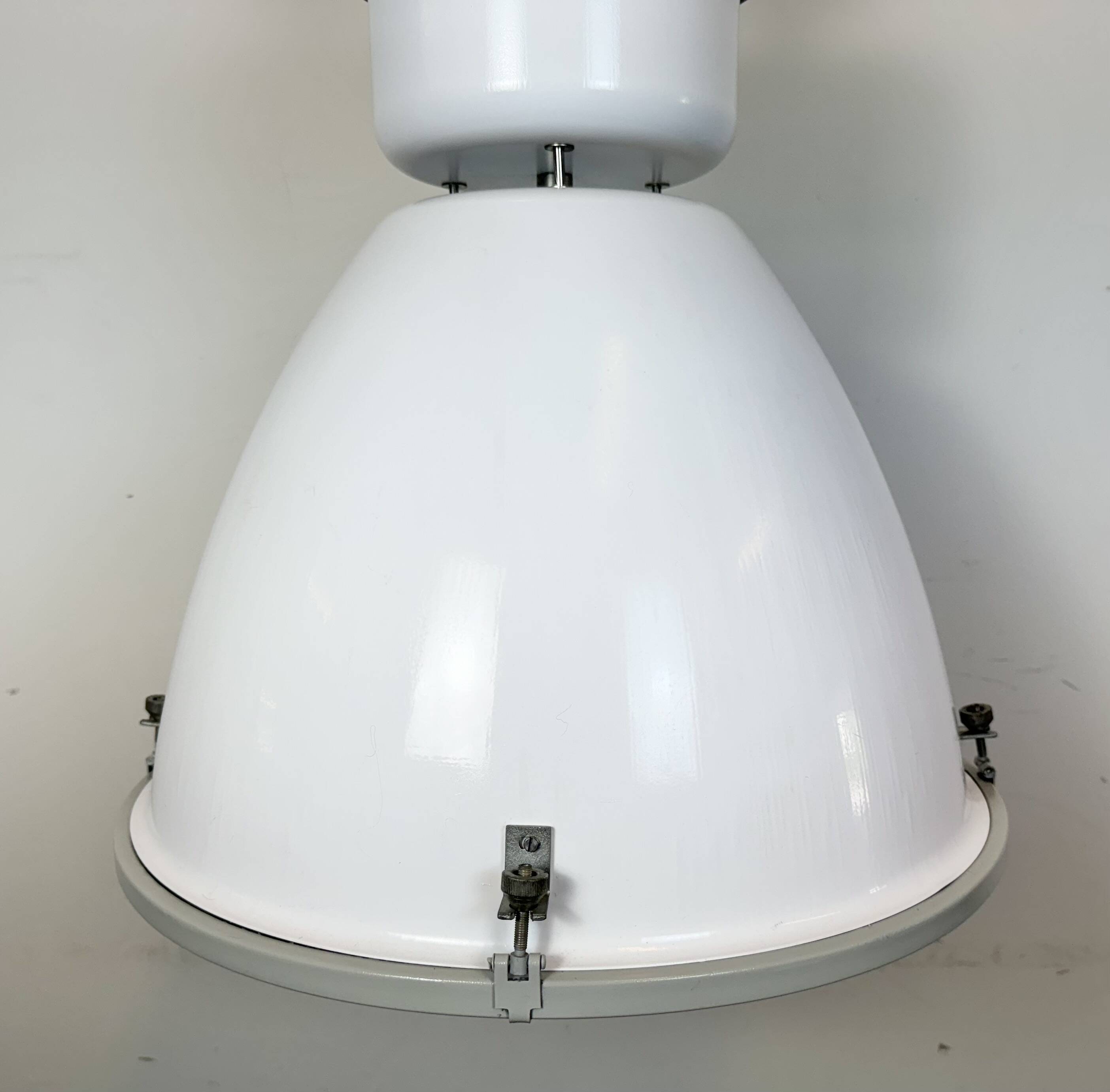 Large White Enamel Industrial Factory Lamp with Glass Cover, 1990s
