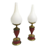 Pair of Red Varnished Metal, Brass and Glass Table Lamps, Italy