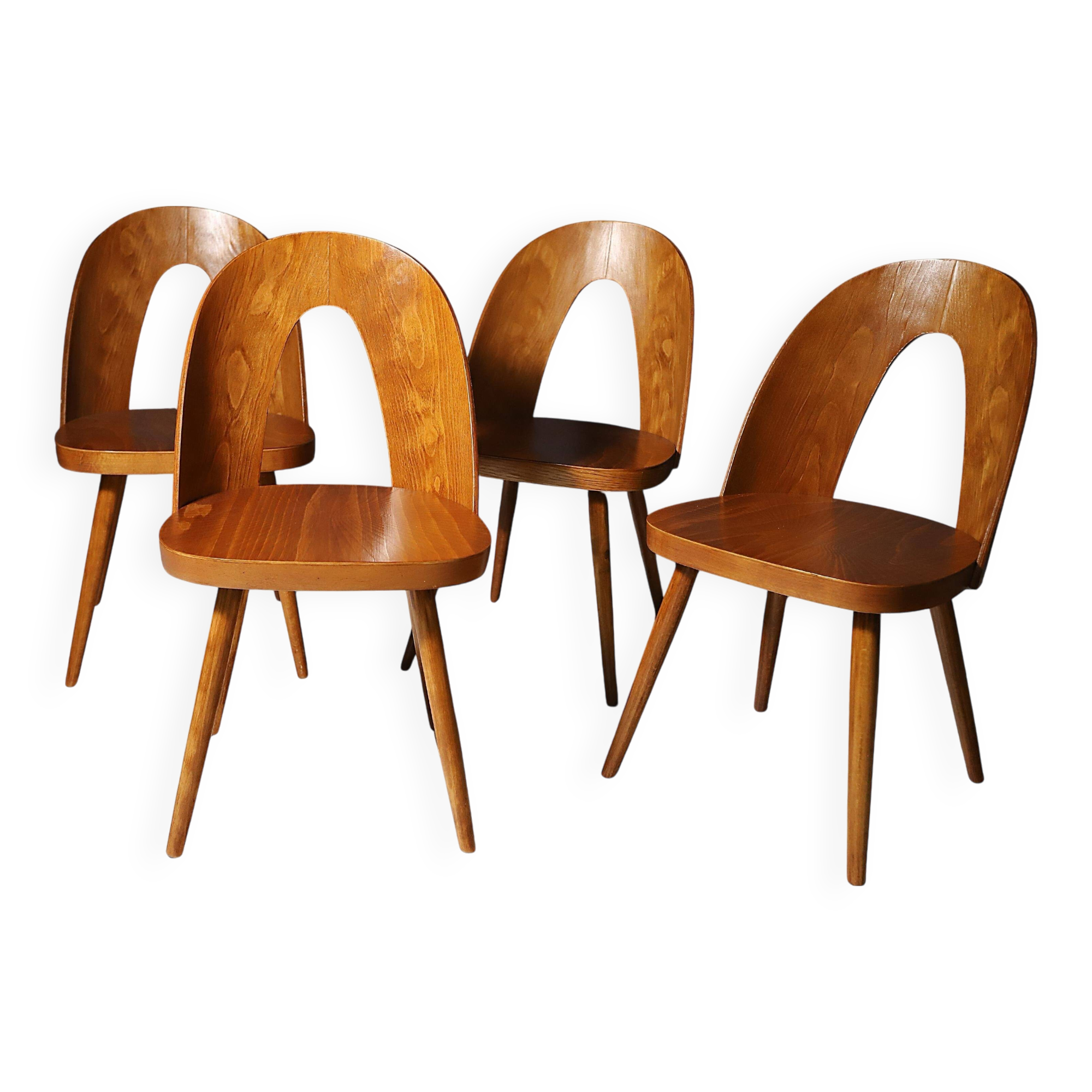 Fully renovated beech wood dining chairs, Czechoslovakia, set of 4