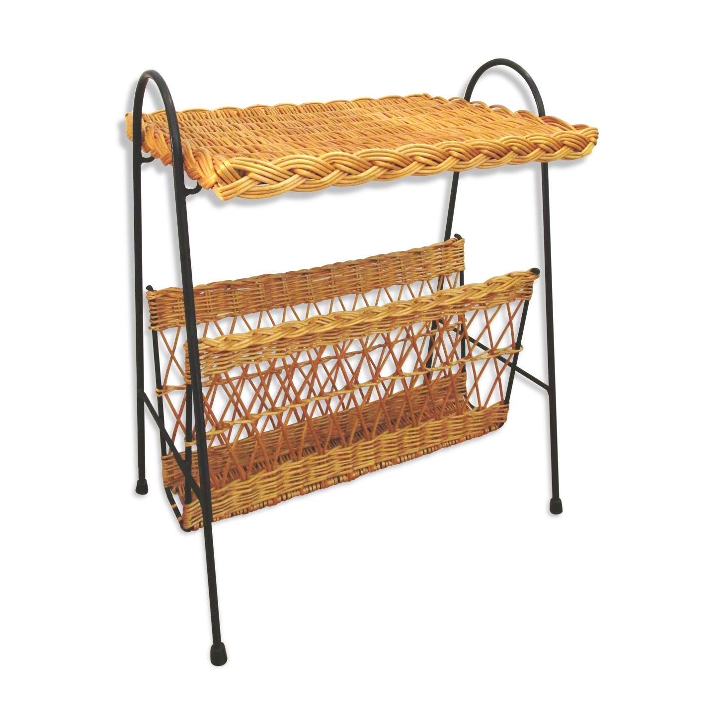 Wicker and wrought iron vintage magazine table 50s