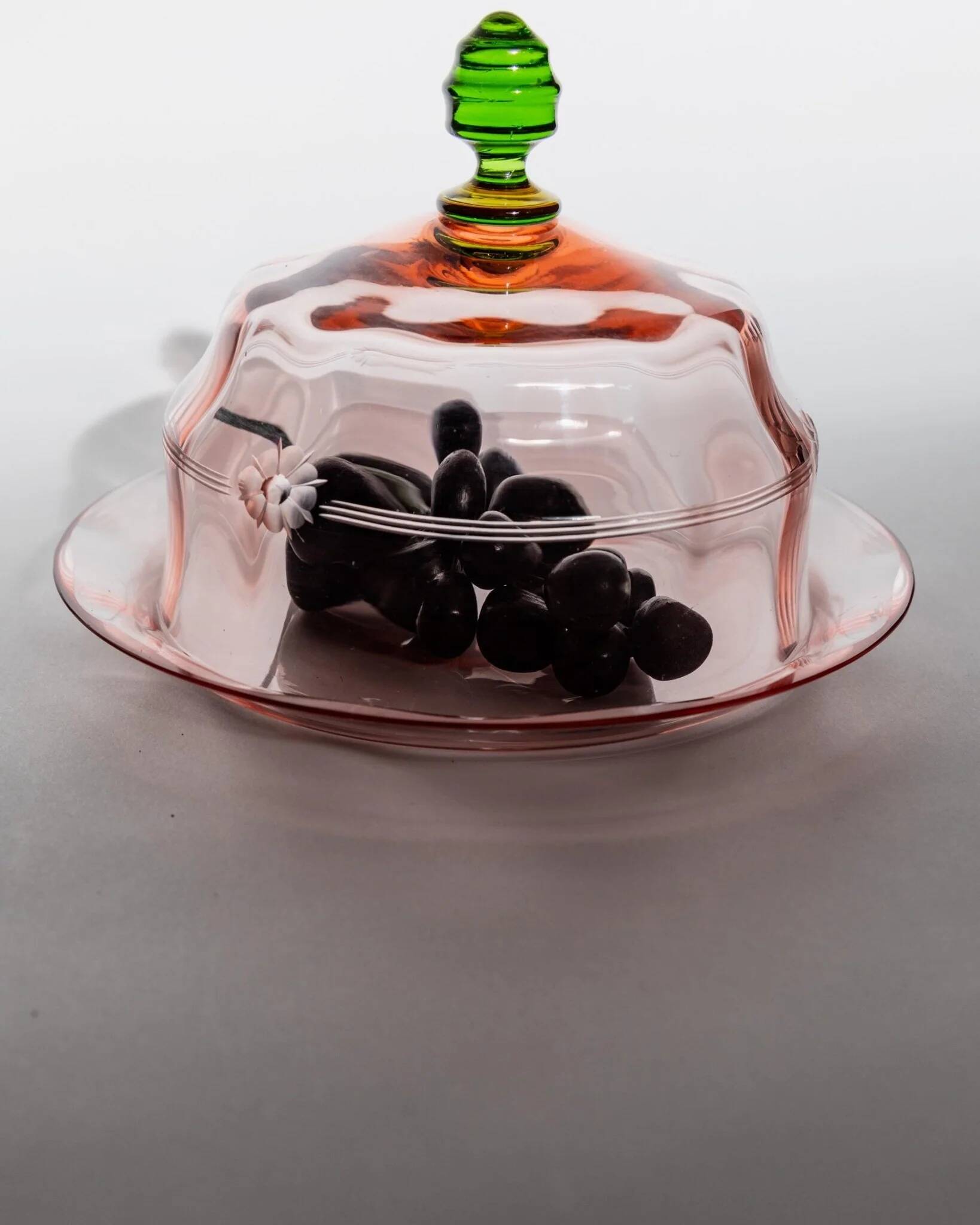 Pink Glass Cloche with Green Finial on Plate – 1930s Italian Vintage Glass Tableware
