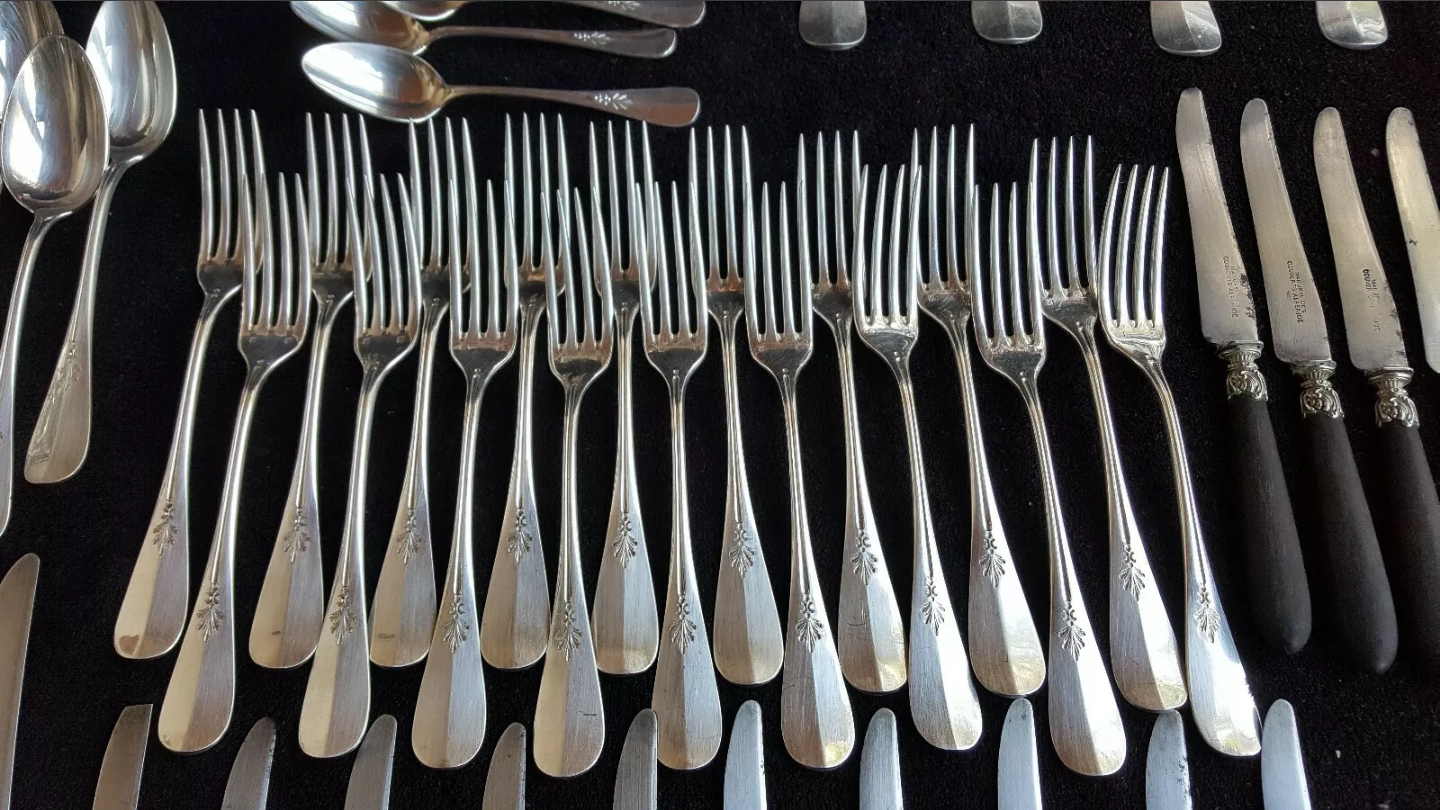 Cutlery set Alfenide Christofle 112 pieces goat's head punch white metal 1900