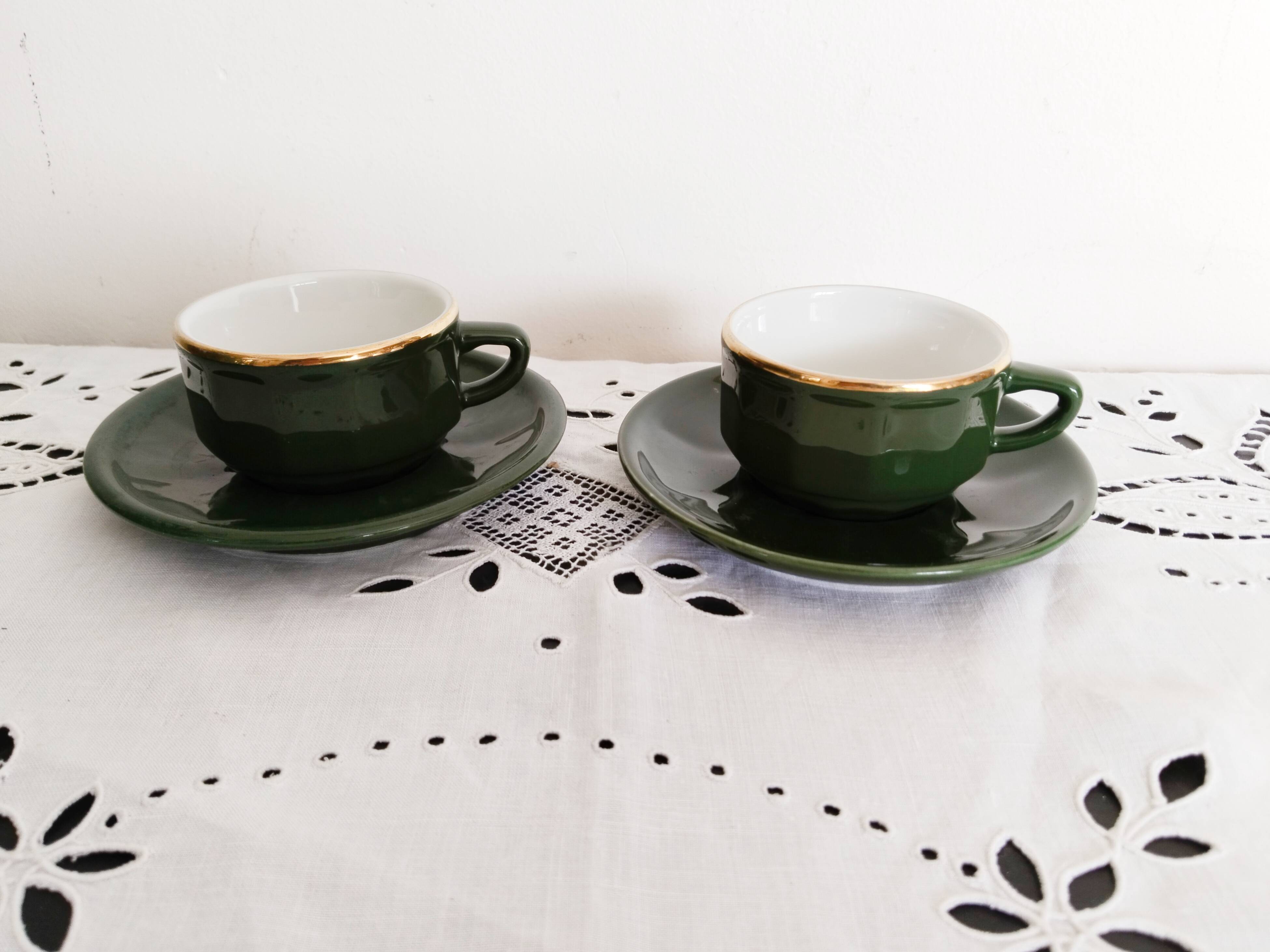 Apilco bistro coffee cups, green and gold