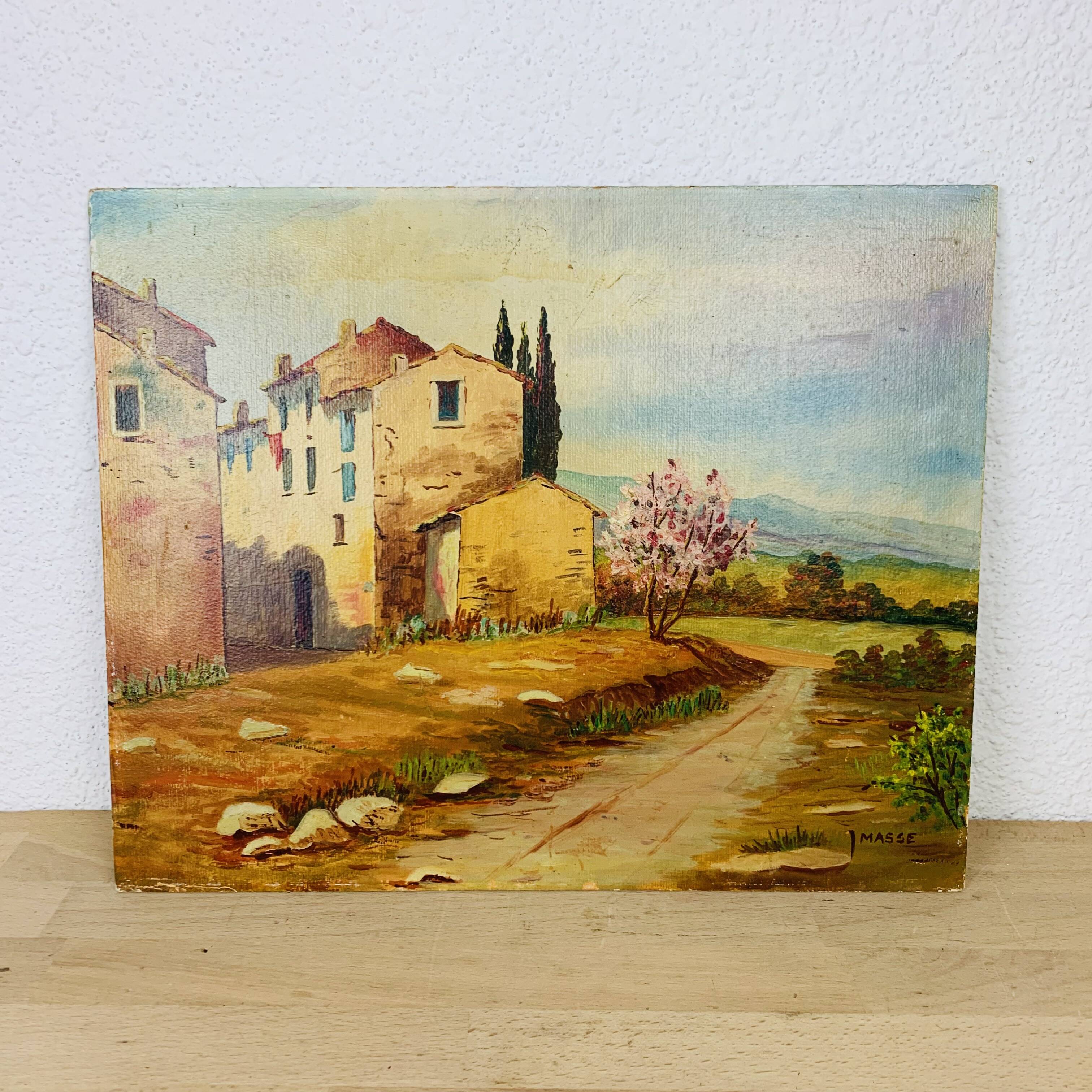 Oil painting on cardboard signed J. Masse village landscape