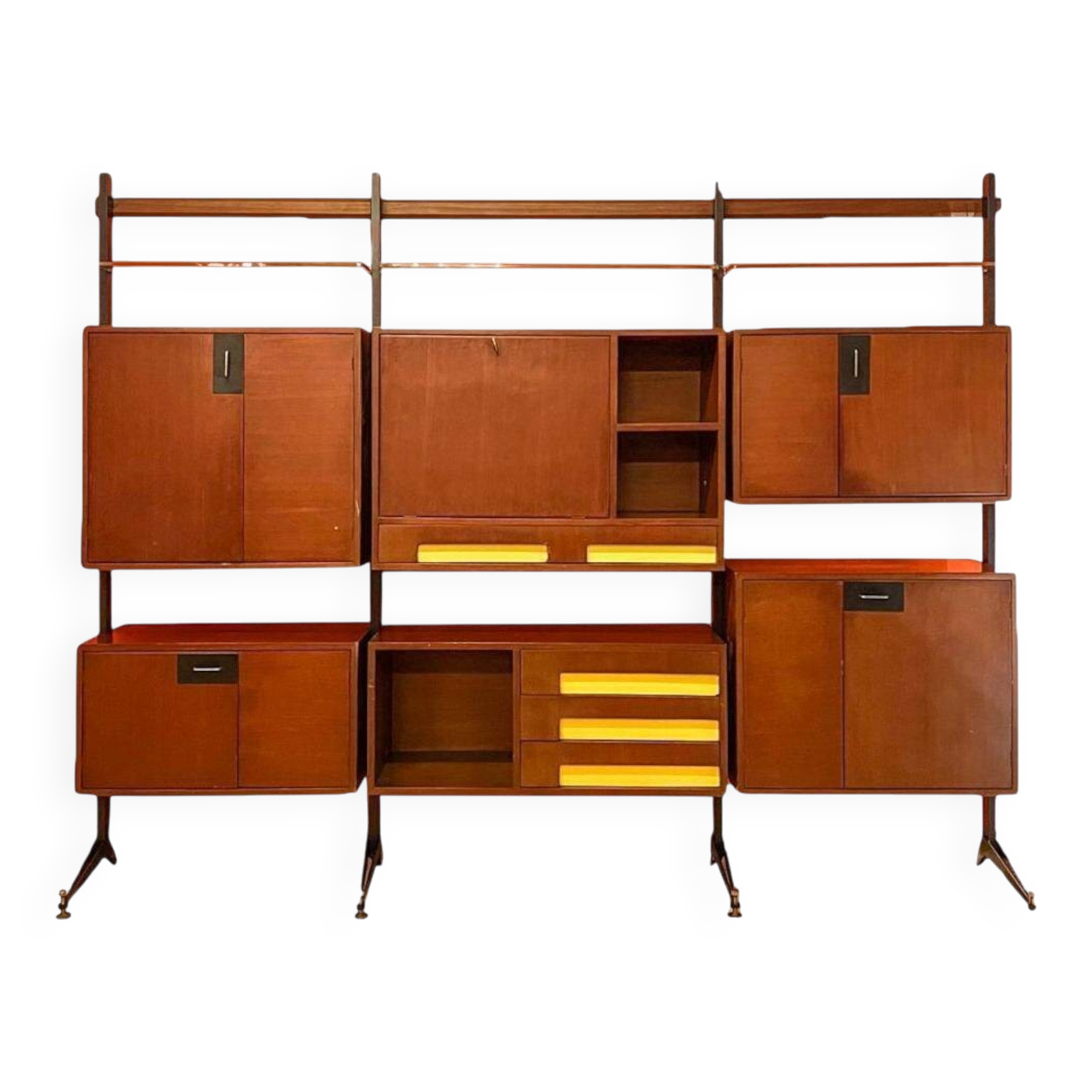 Bibliothèque modulaire moderne du milieu du siècle, bois et métal, Italie, années 1960