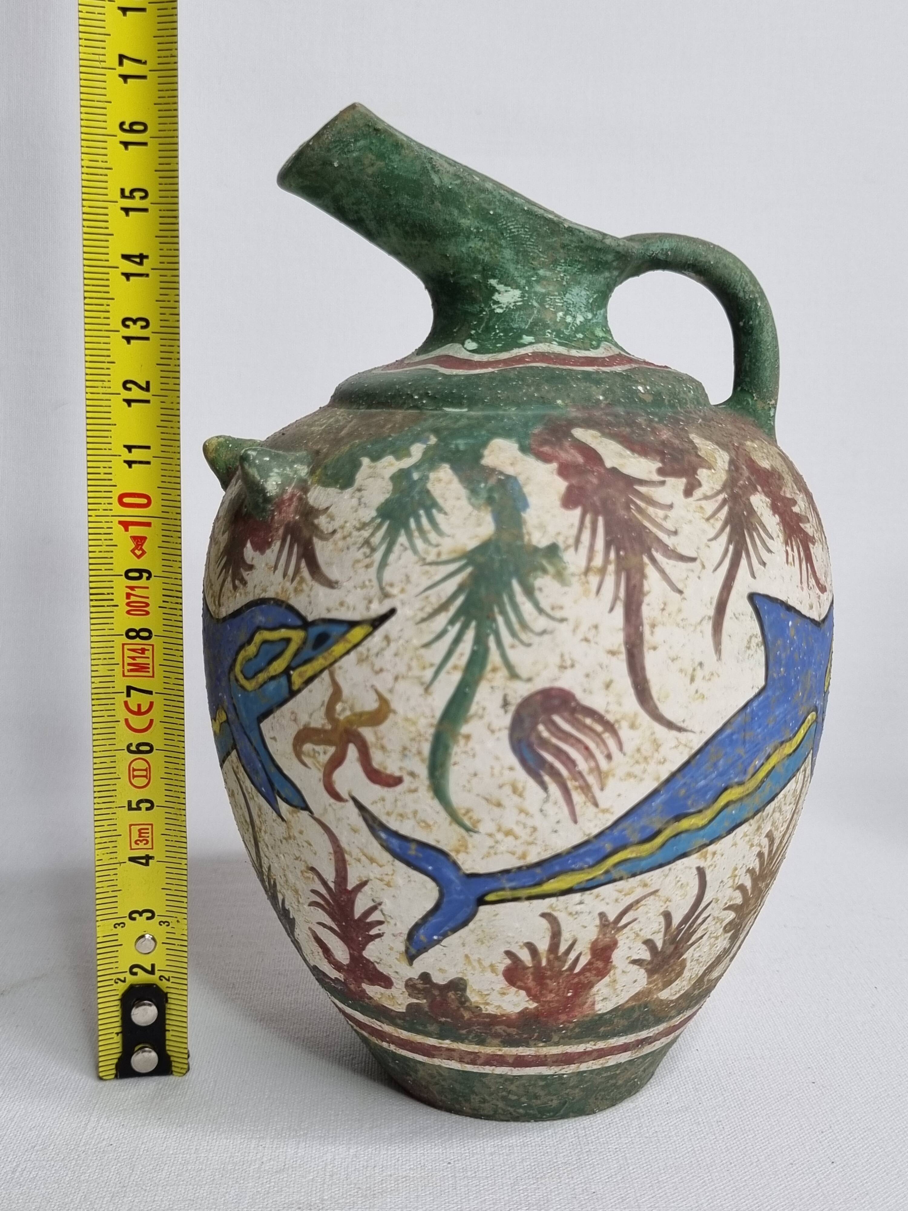 Ceramic vase, Ancient Cretan style, marine decoration with dolphins, 17 cm