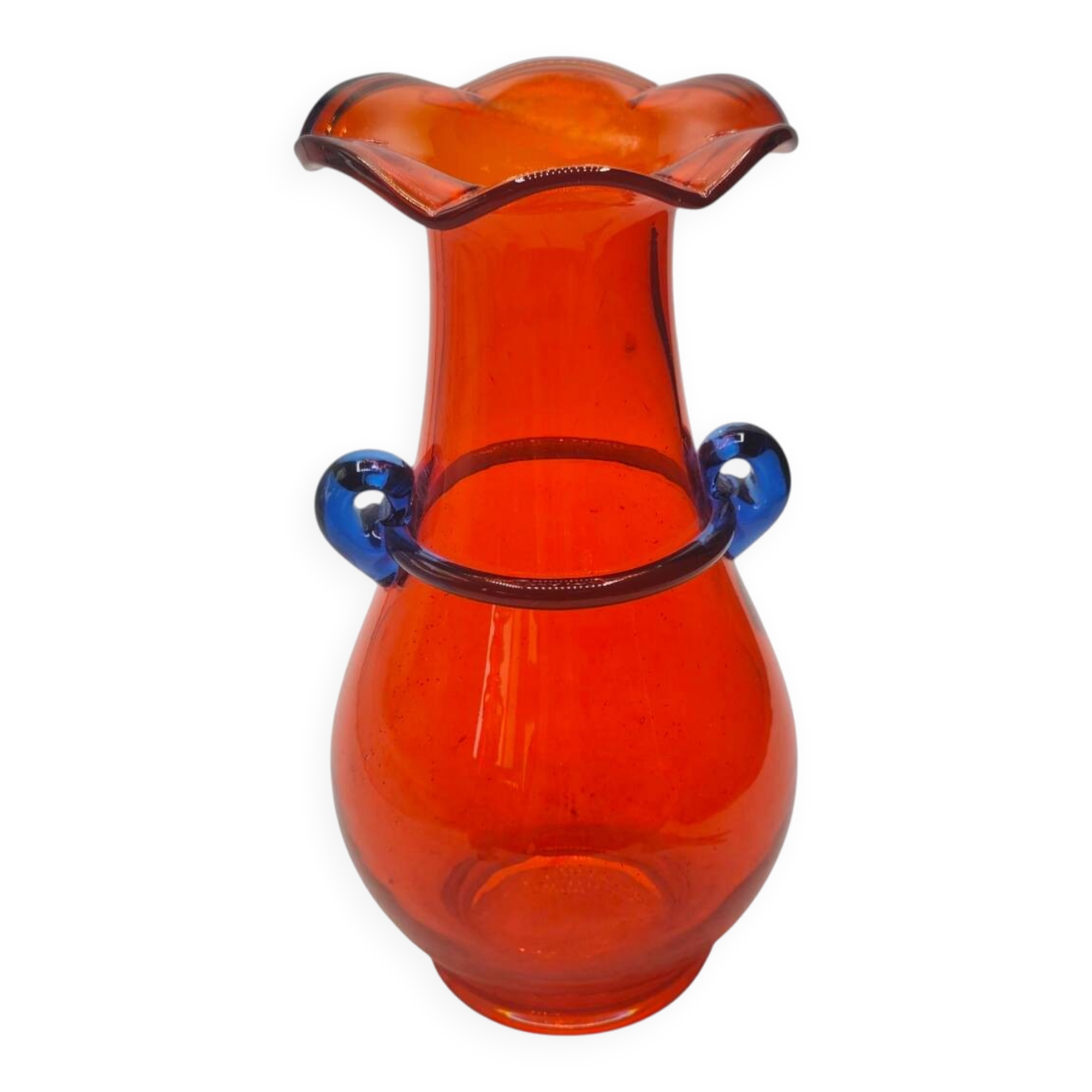 Vintage Murano Hand-Blown Glass Vase – Red with Blue Handles