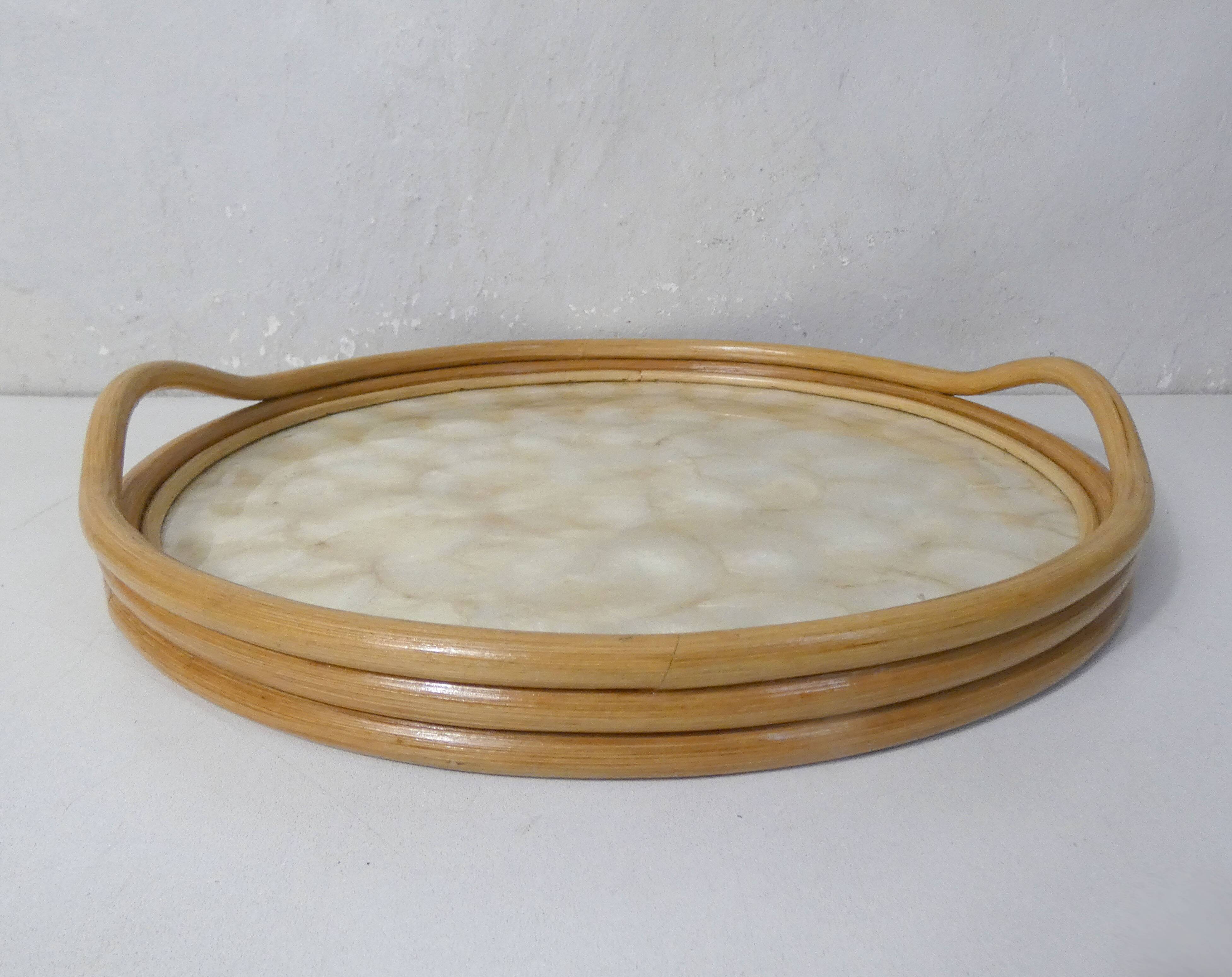 round rattan and mother-of-pearl tray