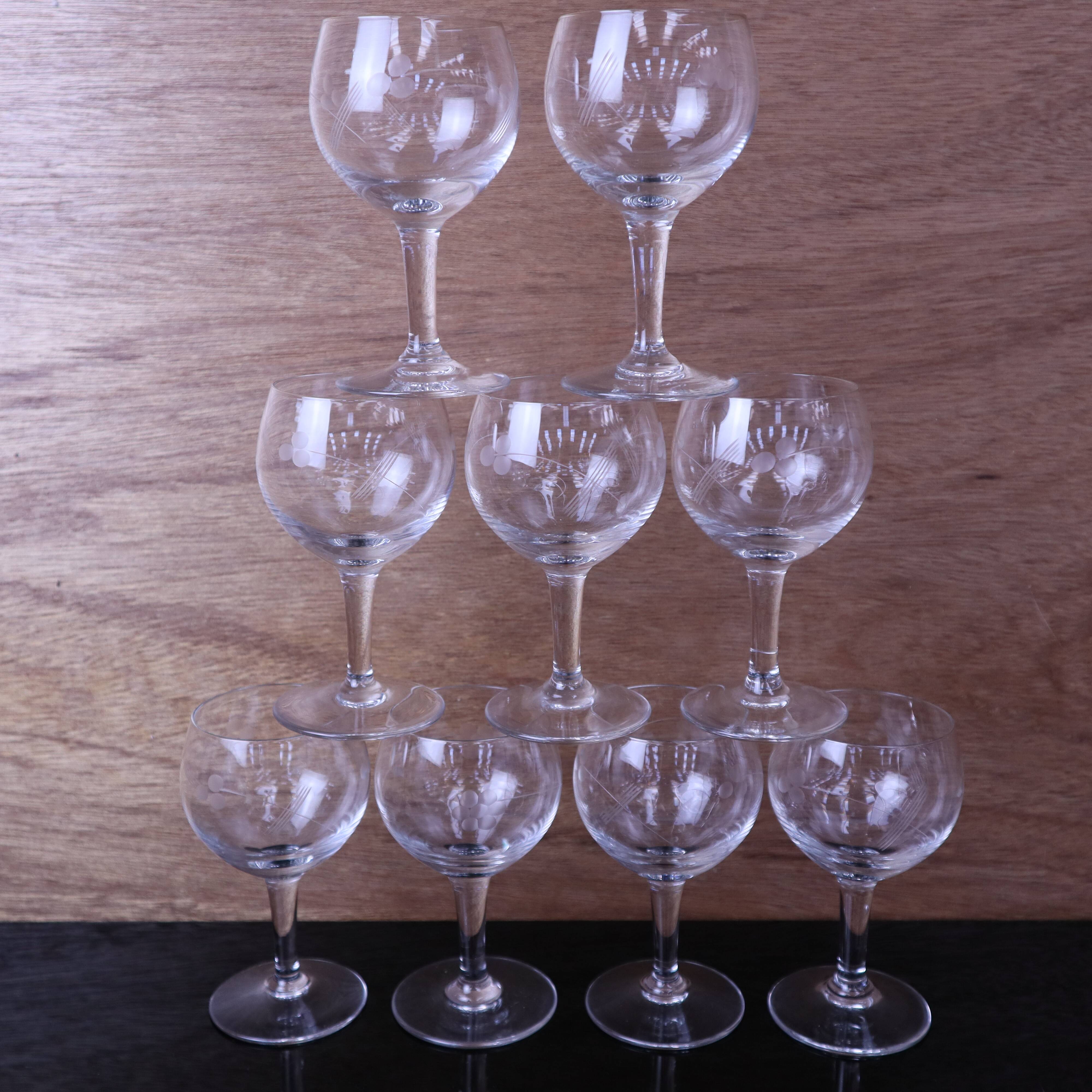 Set of 9 engraved vintage floral balloon white wine glasses.
