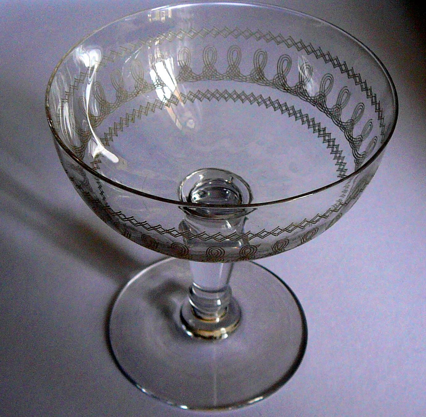 8 Antique Engraved Crystal Champagne Glasses 250517