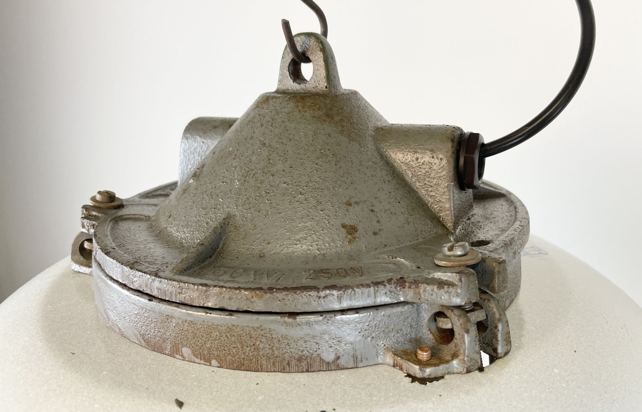 Industrial Grey Enamel Factory Cage Pendant Lamp in Cast Iron from Zaos, 1960s