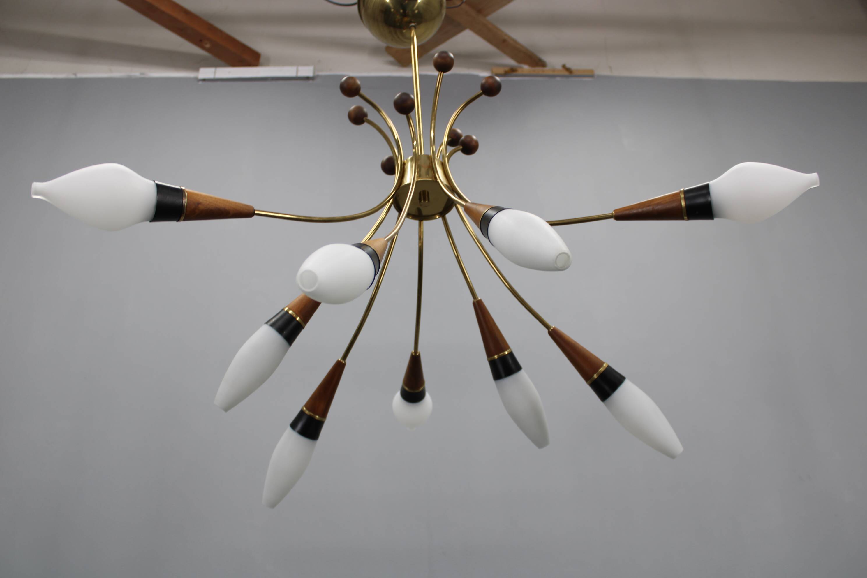 1960s Rupert Nikoll Brass and Teak Opaline Glass Chandelier, Austria