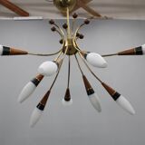 1960s Rupert Nikoll Brass and Teak Opaline Glass Chandelier, Austria