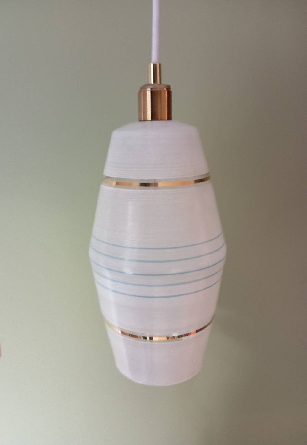 Mid century art deco pendant light fixture, gold striped glass, azure blue