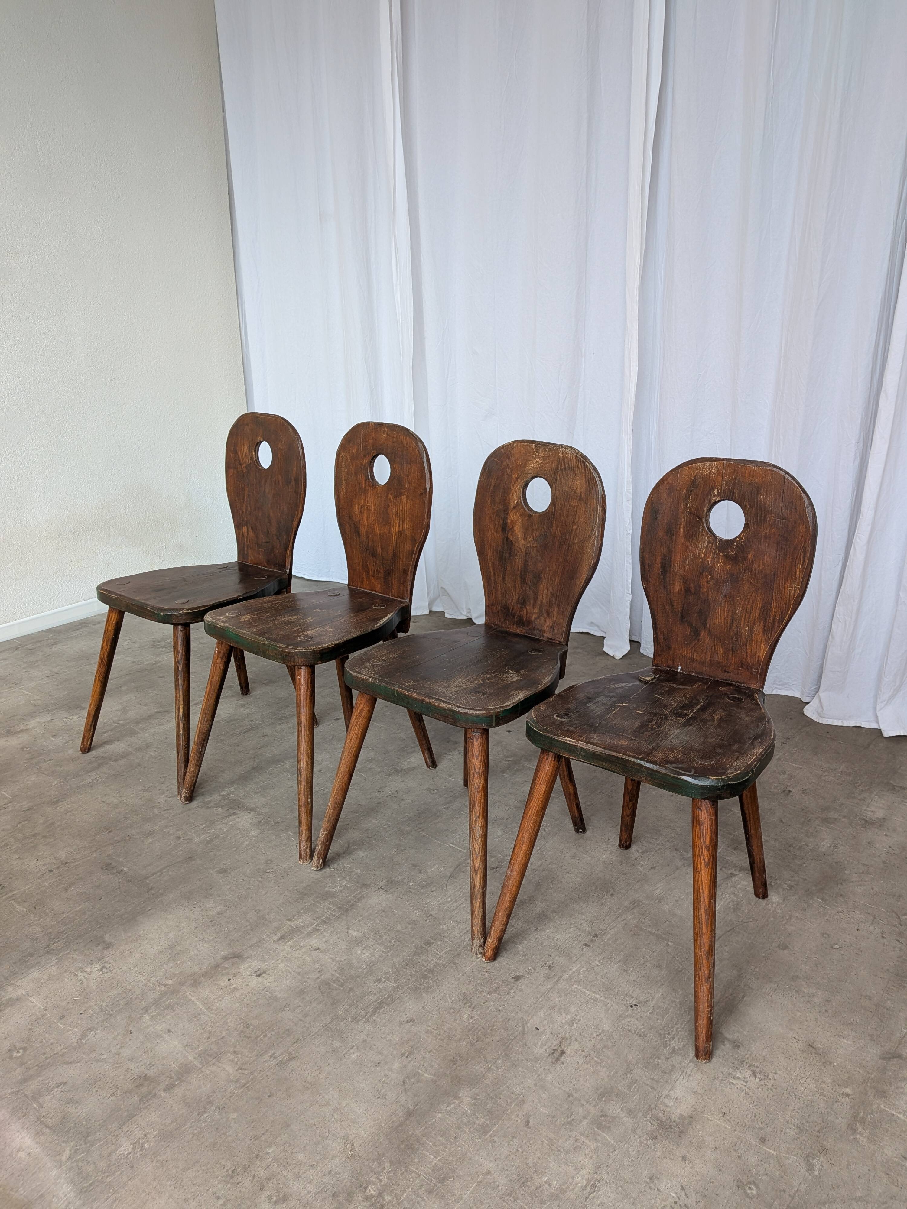 Set of 4 Vintage Brutalist Wooden Chair / Rustic Farmhouse Dining Chair