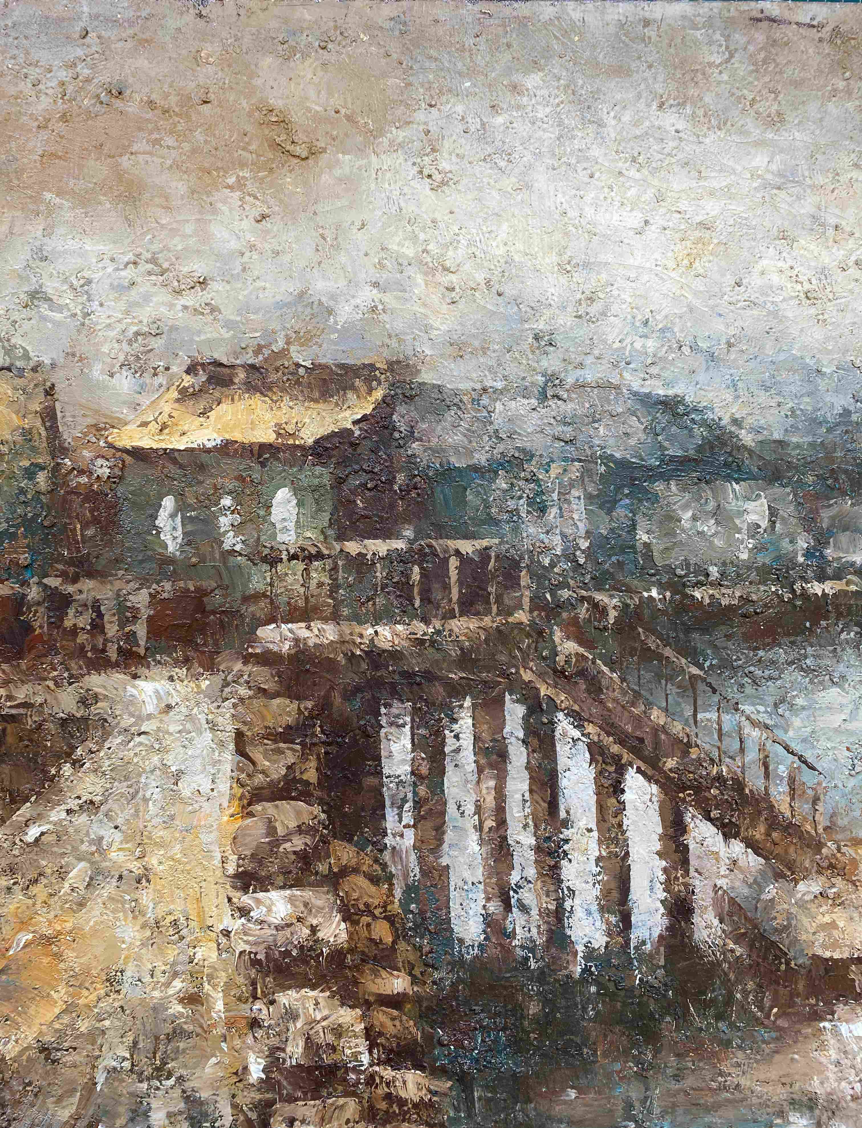 HST painting "Navy and boats at the dock" Edward Barton (1936-2012) ec. USA