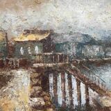 HST painting "Navy and boats at the dock" Edward Barton (1936-2012) ec. USA