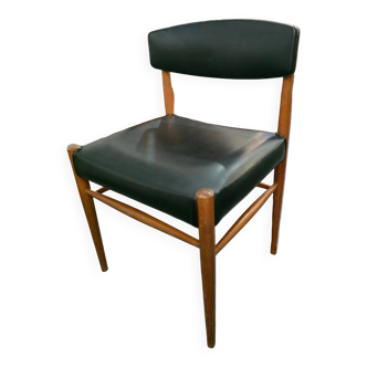 Vintage Scandinavian design chair – wood and black faux leather – 1960s